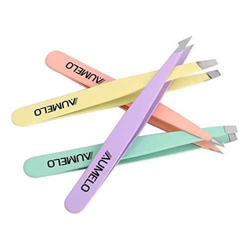 AUMELO AUMELO Tweezers Professional Stainless Steel with Leather Travel Case Best Precision Eyebrow and Splinter Ingrown Hair Removal Tweezer Tip (Multicolor) -Set 4 Piece