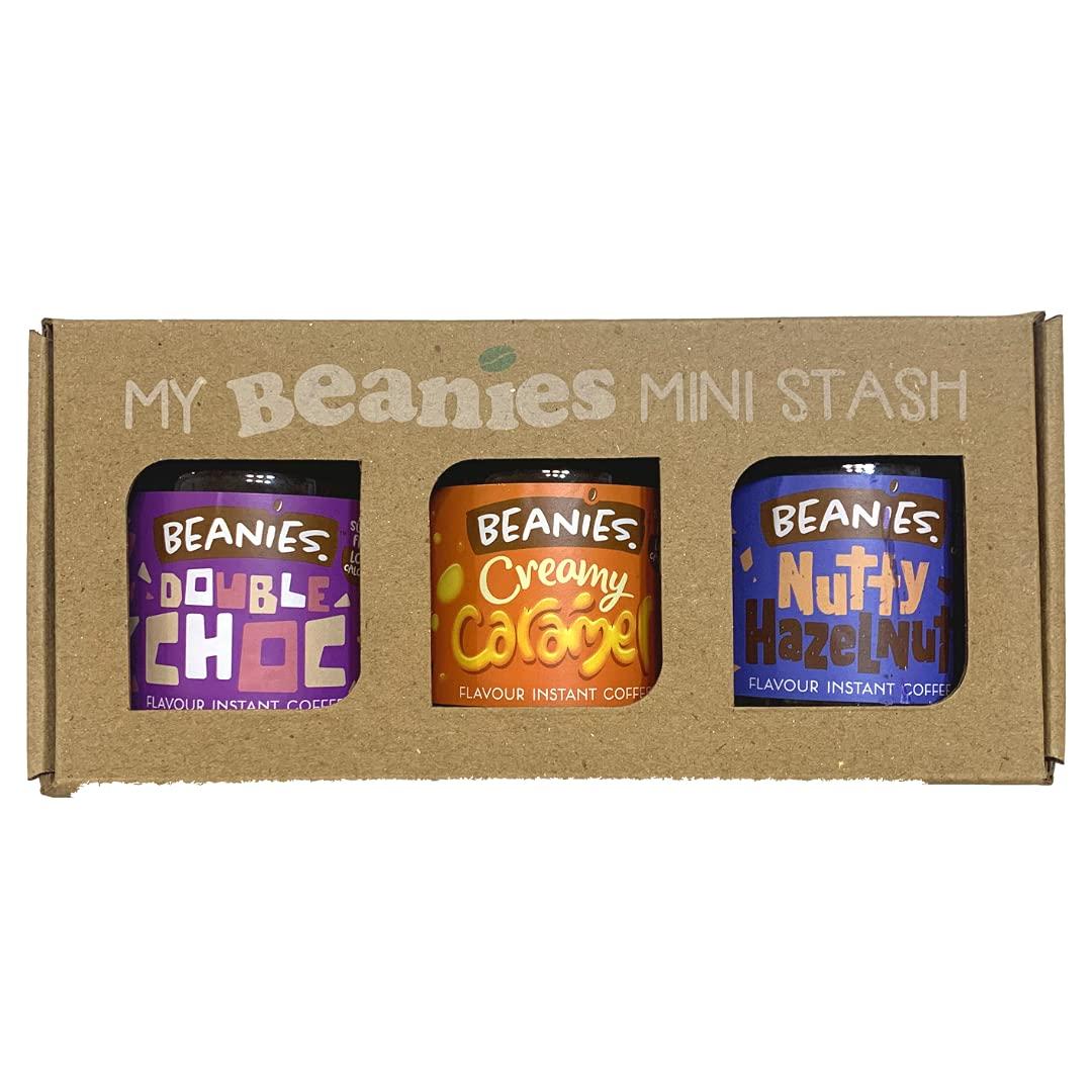 Beanies The Flavour Co Beanies|Instant Flavoured Coffee |Double Chocolate 50g, Creamy Caramel 50g, Nutty Hazelnut 50g|Low Calorie, Sugar Free|Pack of 3