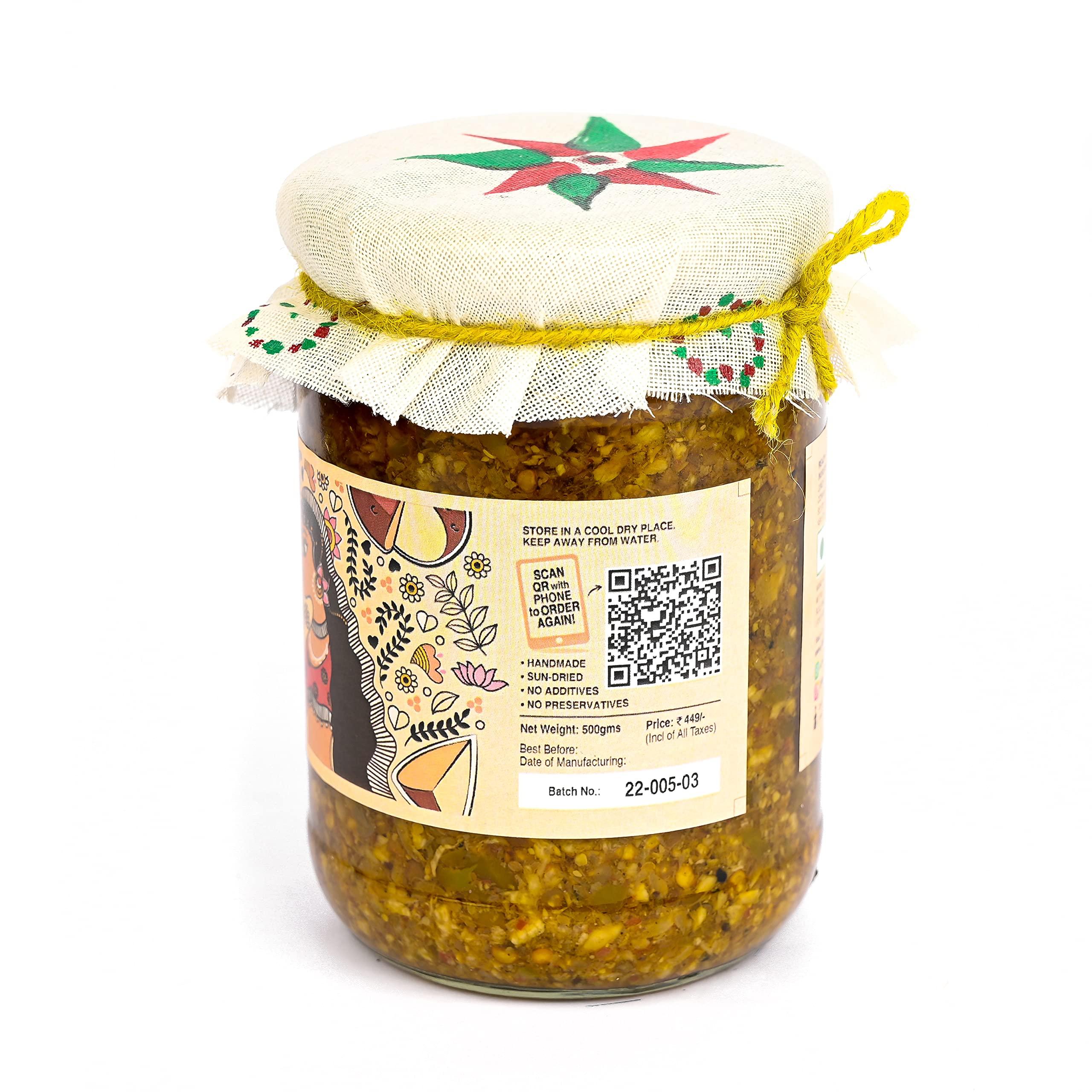JhaJi - Taste of Mithila JhaJi - Taste of Mithila Oal Ginger Chilli Mix Pickle | Tangy, Spicy, And Gingery Aftertaste | Grated Jimikand Pieces | Sun-Dried | Bihari-Style Homemade Pickle, 500G
