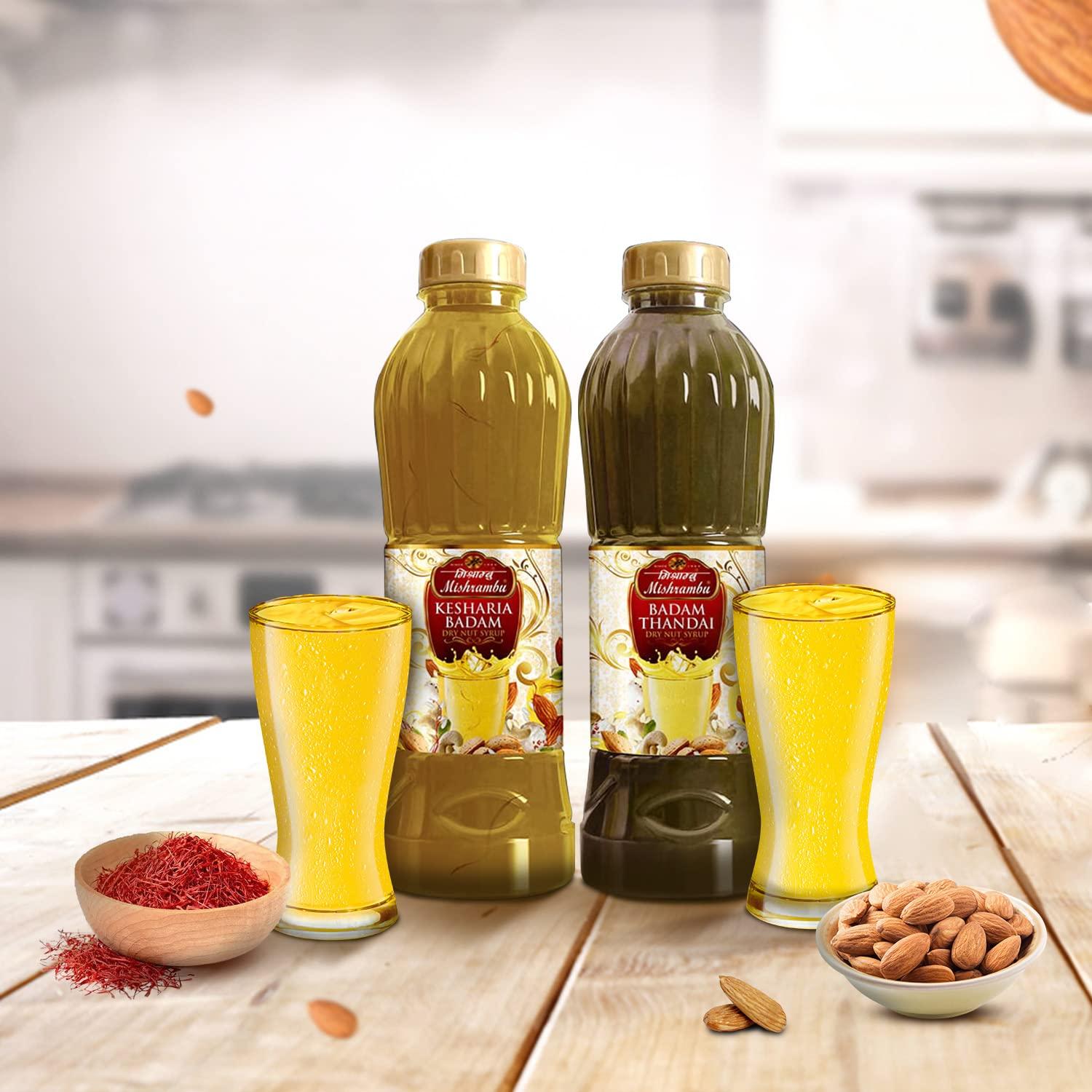 Mishrambu Mishrambu Kesharia Badam Drynut Syrup & Badam Thandai | Kesar Badam Syrup | Thandai Syrup | Dry Fruit Thandai | Summer Drink Mix | Pack Of 2 (750 Ml Each), Liquid