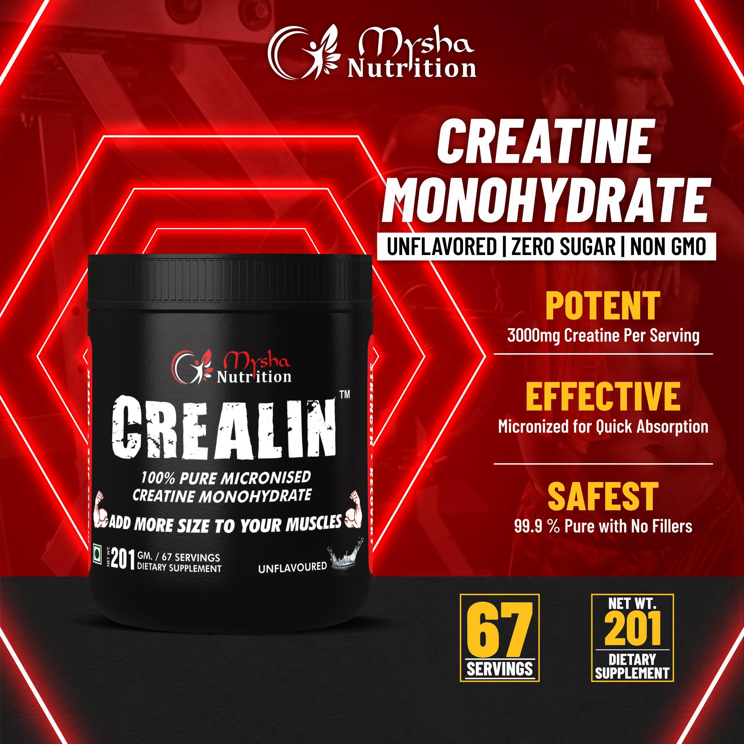 Mysha Nutrition Mysha Nutrition Crealin, 100% Pure Creatine Monohydrate | Pre/Post Workout Supplement for Muscle Repair & Recovery | Support Athletic Performance,Volumizes Muscles | 201g, Unflavored (201)