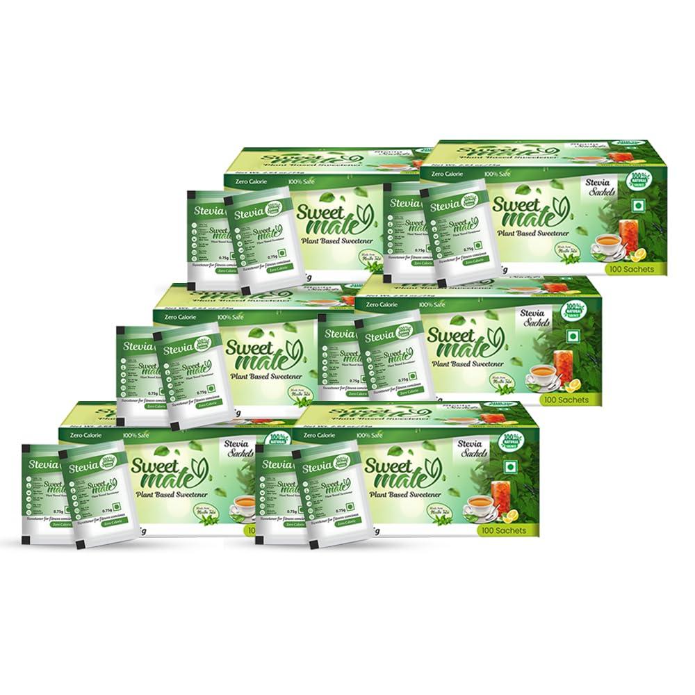 Sweetmate Sweetmate Stevia Sachets 600 (100 Sachets x Pack 6) Servings 100% Sugar Free Vegan Keto Friendly Natural Diabetic Friendly Plant-Based Sweetener Powder with Zero Stevia leaves Powder