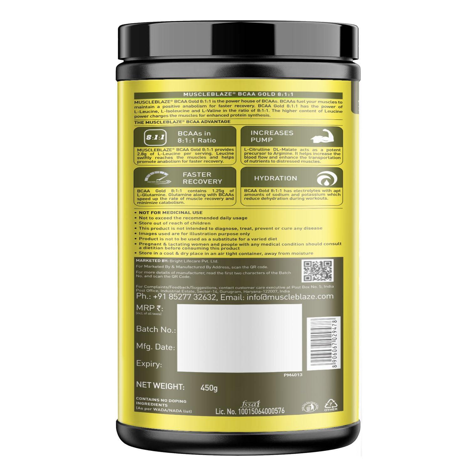 MuscleBlaze MuscleBlaze Bcaa Gold 8:1:1 Powder (Watermelon, 450G, 60 Servings) | With Higher Leucine, Electrolytes & Glutamine