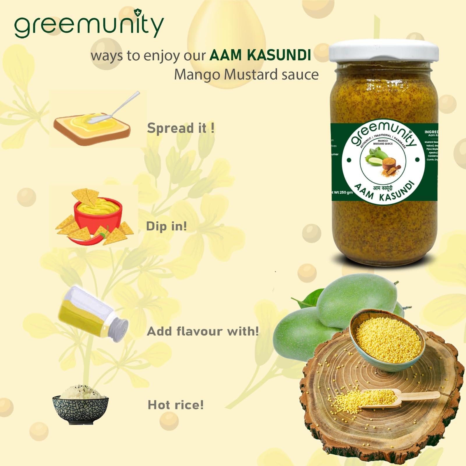 GREEMUNITY GREEMUNITY | Kasundi n Aam Kasundi Combo Pack - Original Bengali Kasundi - Authentic Handmade Orginal Bengali Kasundi n Mango Kasundi,Mustard Sauce and Mango Mustard Sauce 350 gms each [Pack of 2]