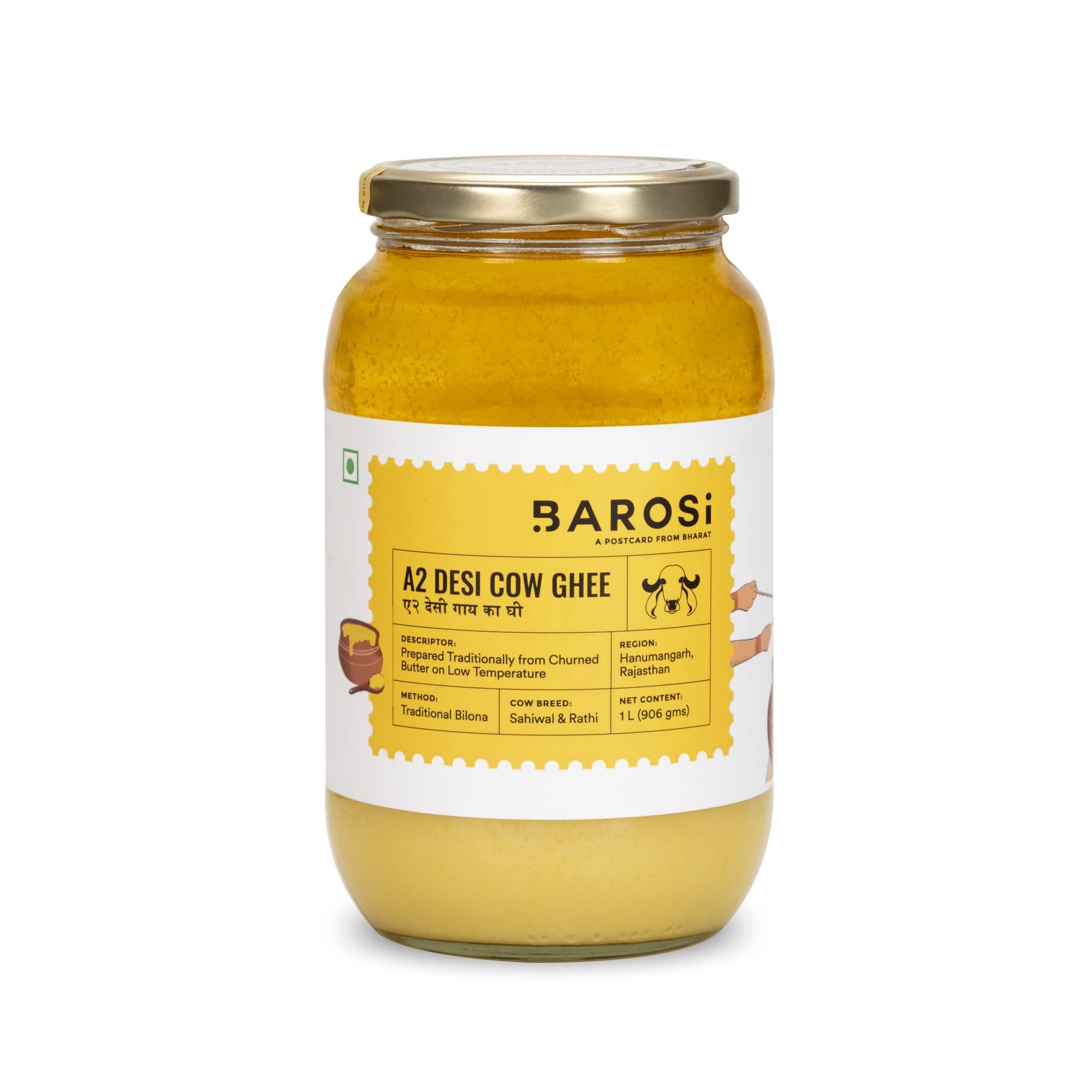Barosi Barosi Premium A2 Cow Ghee 1 Litre | A2 Danedar Desi Ghee | Churned from Curd with Bilona Method | Pure & Aromatic | Organic, Farm Made in Small Batches | Glass Jar