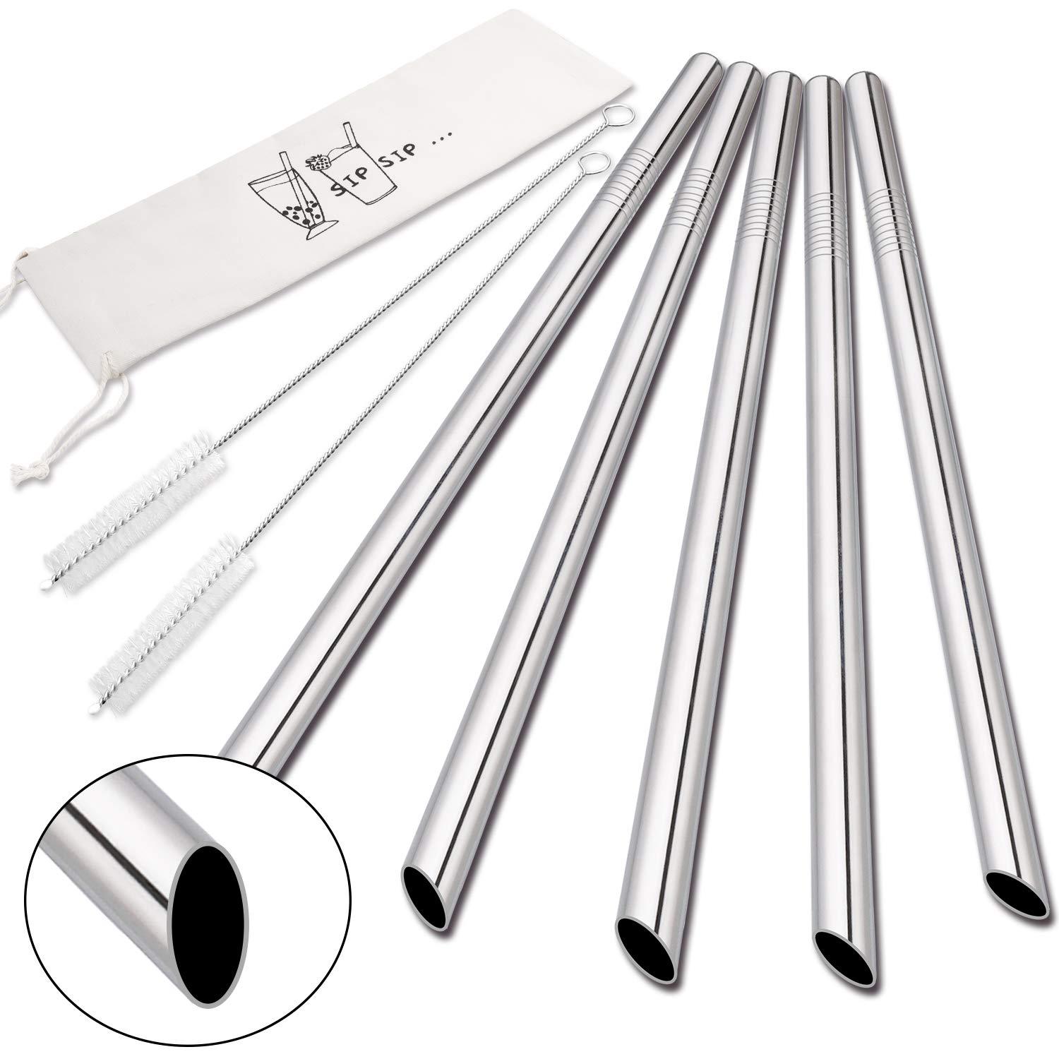 HIWARE [Angled Tips] 5 Pcs 10\" Reusable Boba Straws & Smoothie Straws, 0.5\" Wide Stainless Steel Straws, Metal Straws for Bubble Tea/Tapioca Pearl, Milkshakes, Jumbo Drinks | 2 Cleaning Brushes & 1 Case