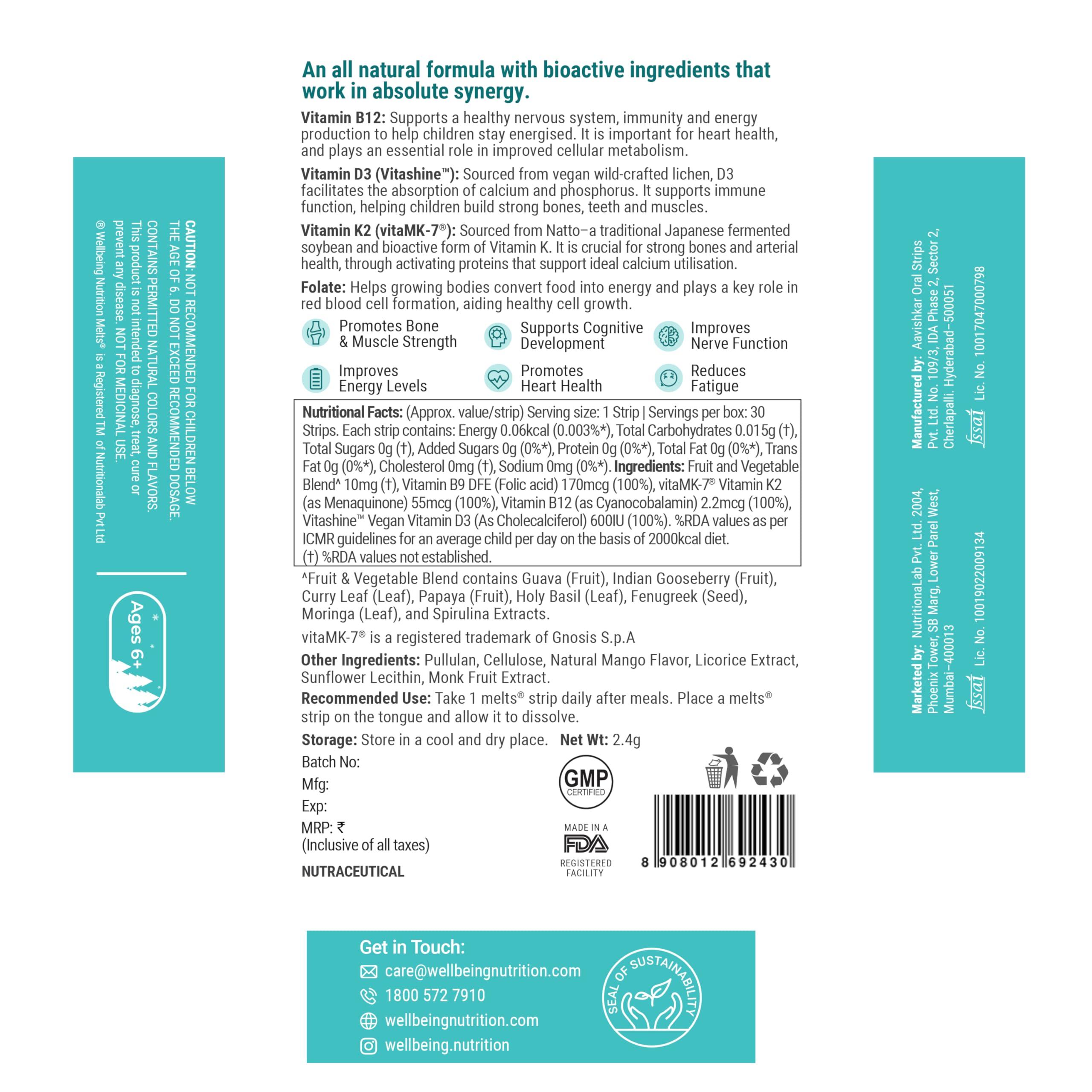 Wellbeing Nutrition Wellbeing Nutrition Frozen Elsa Melts | Vitamin B12, D3 & K2 for Kids (6+) | Supports Bone & Muscle Health, Cognitive Development & Energy, Heart Health | Exotic Mango Flavor (30 Oral Strips)