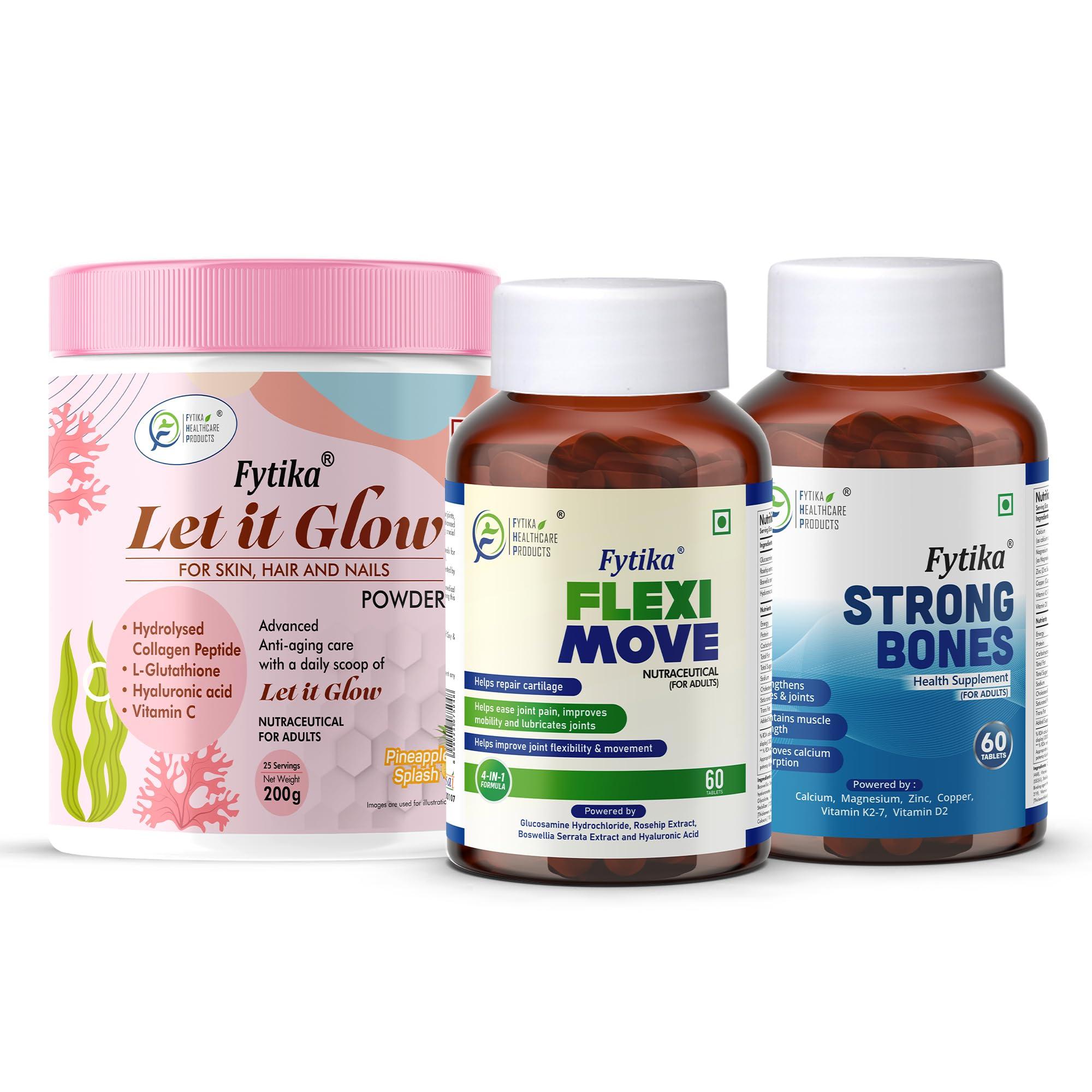FYTIKA Fytika Let it Glow Pineapple, Collagen Powder-200G + Fytika Flexi Move| Glucosamine, Rosehip Powder extract-60 Tabs + Fytika Strong bones with Calcium and Vitamin D2-60 Tabs