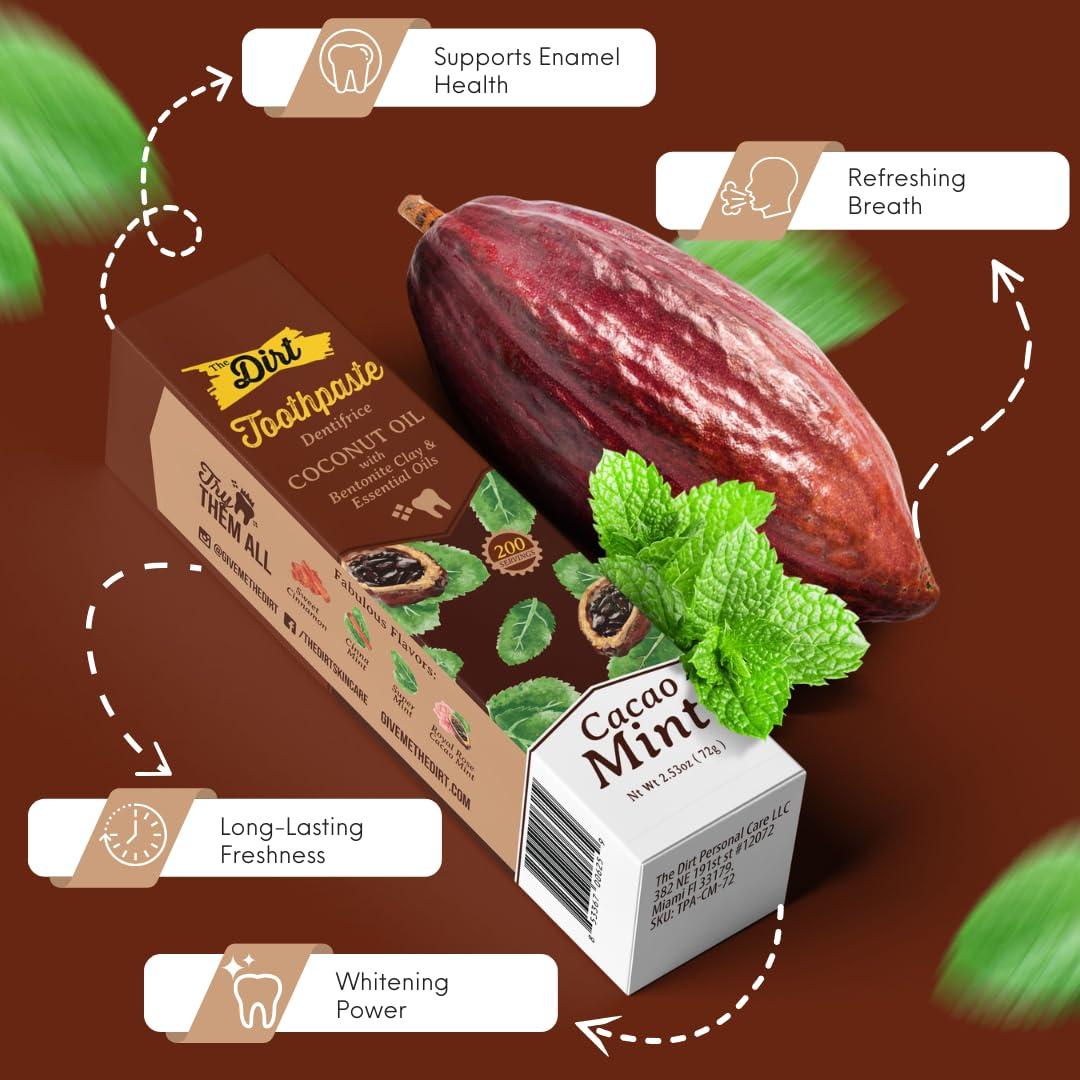 The Dirt The Dirt All Natural Gluten & Fluoride Free Coconut Toothpaste - Natural Toothpaste Botanically Sweetened, No Artificial Flavors or Colors |Cacao Mint, 10 Week Supply