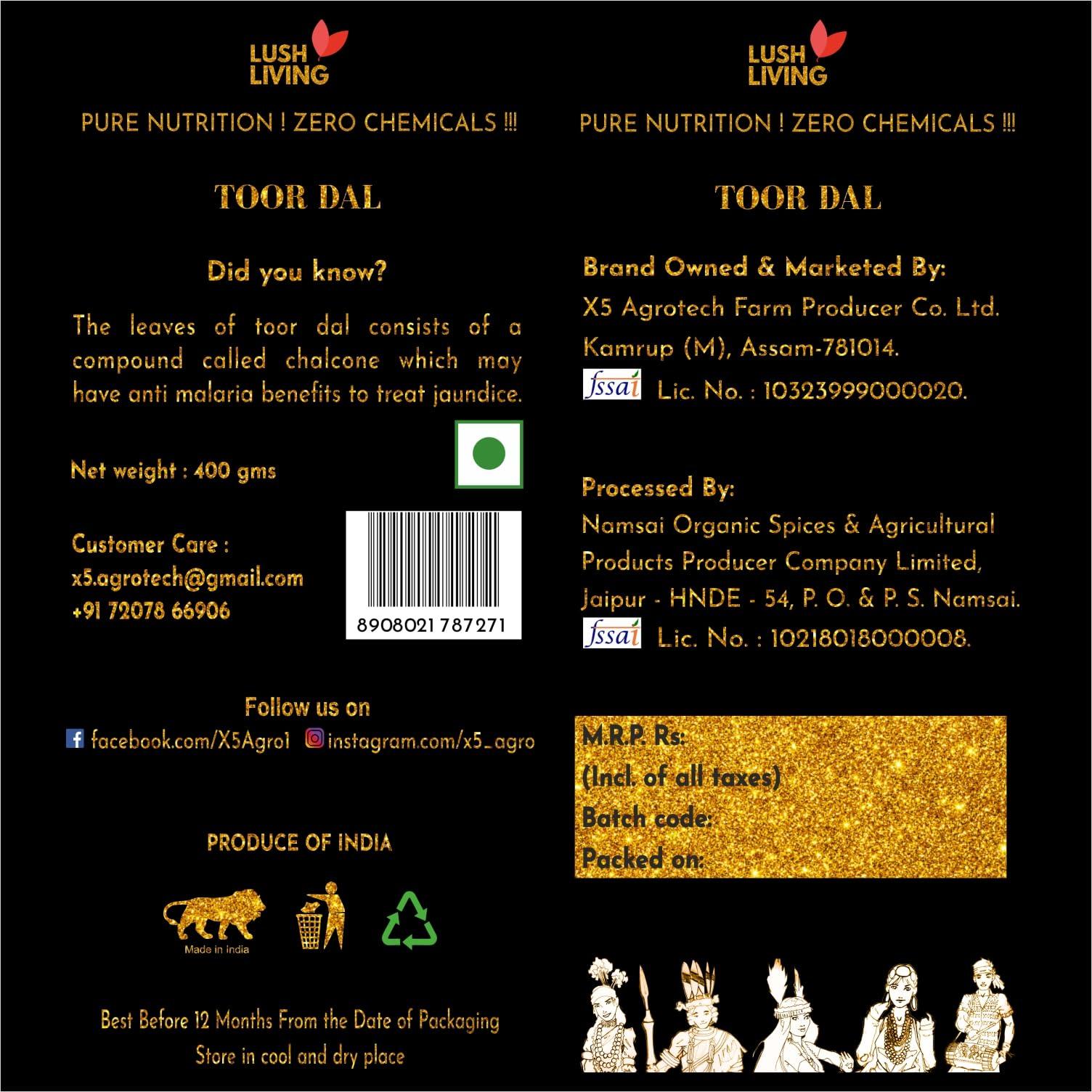 LUSH LIVING LUSH LIVING Premium Toor Dal/Tur Daal 400g | Unpolished Arhar Daal | High in Protein | From Assam Farm | For Healthy Digestive System | Gluten, Chemical & Peticide Free |