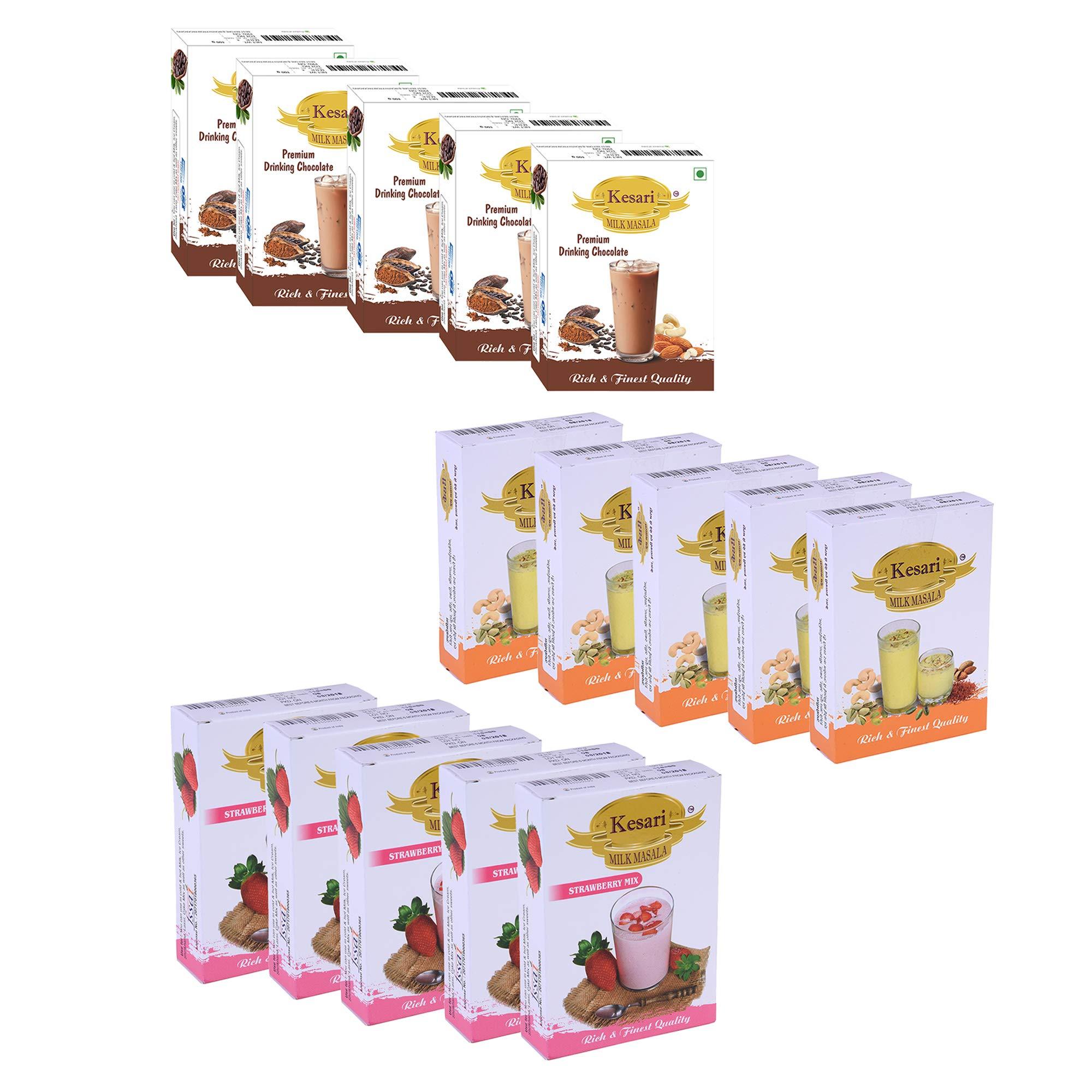 Kesari Kesari Premium Drinking Chocolate Flavour Milk Masala-100 Gram, Strowberry Flavour Milk Masala-100 Gram and Milk Masala Combo- 100 Gram, Pack of 5