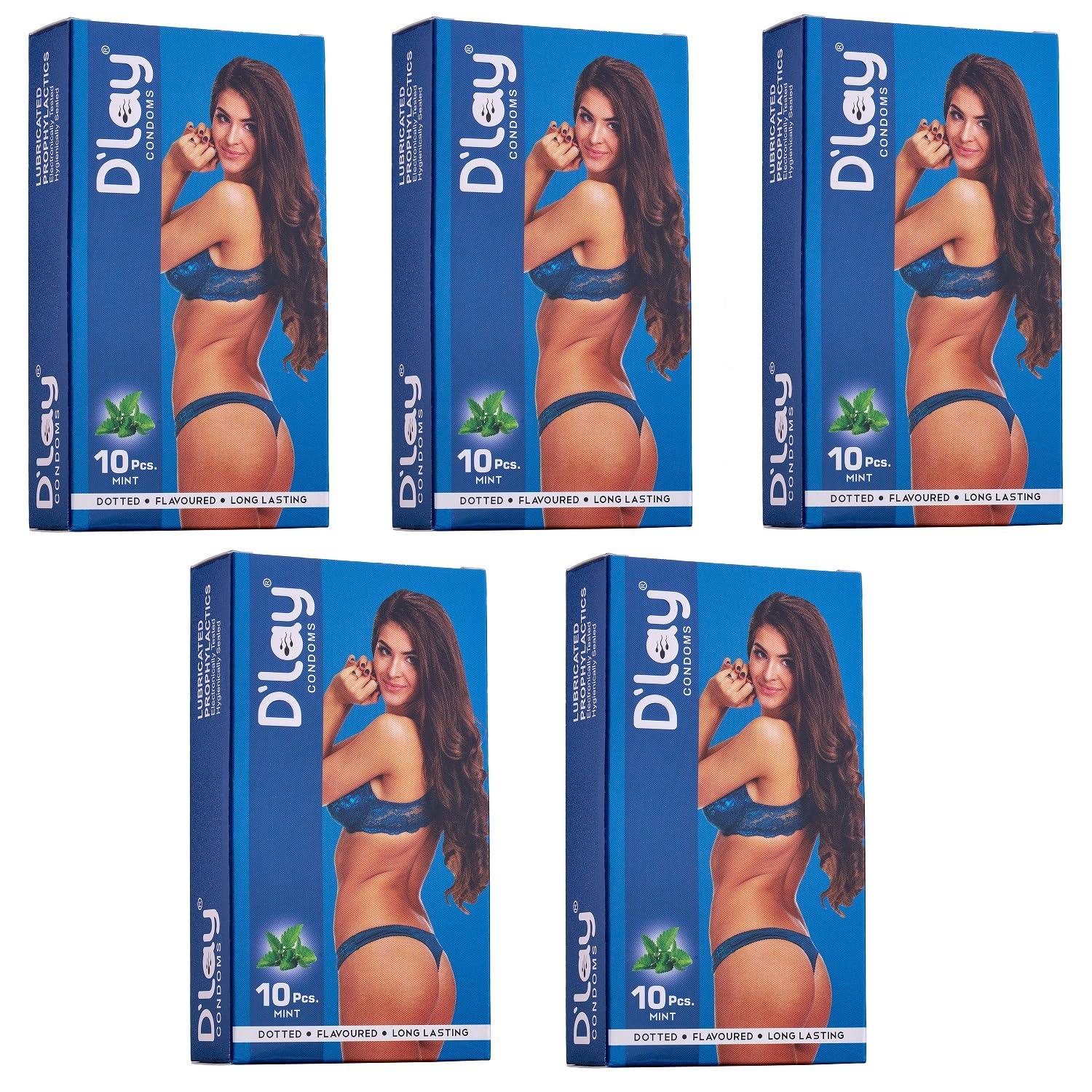D\'lay D\'lay Dotted Real Feel Condoms for Men | Ultra Soft | For Extra Pleasure and satisfaction | Long Lasted, Lubricated | Mint Flavour Condoms - 10 (Pack of 5)
