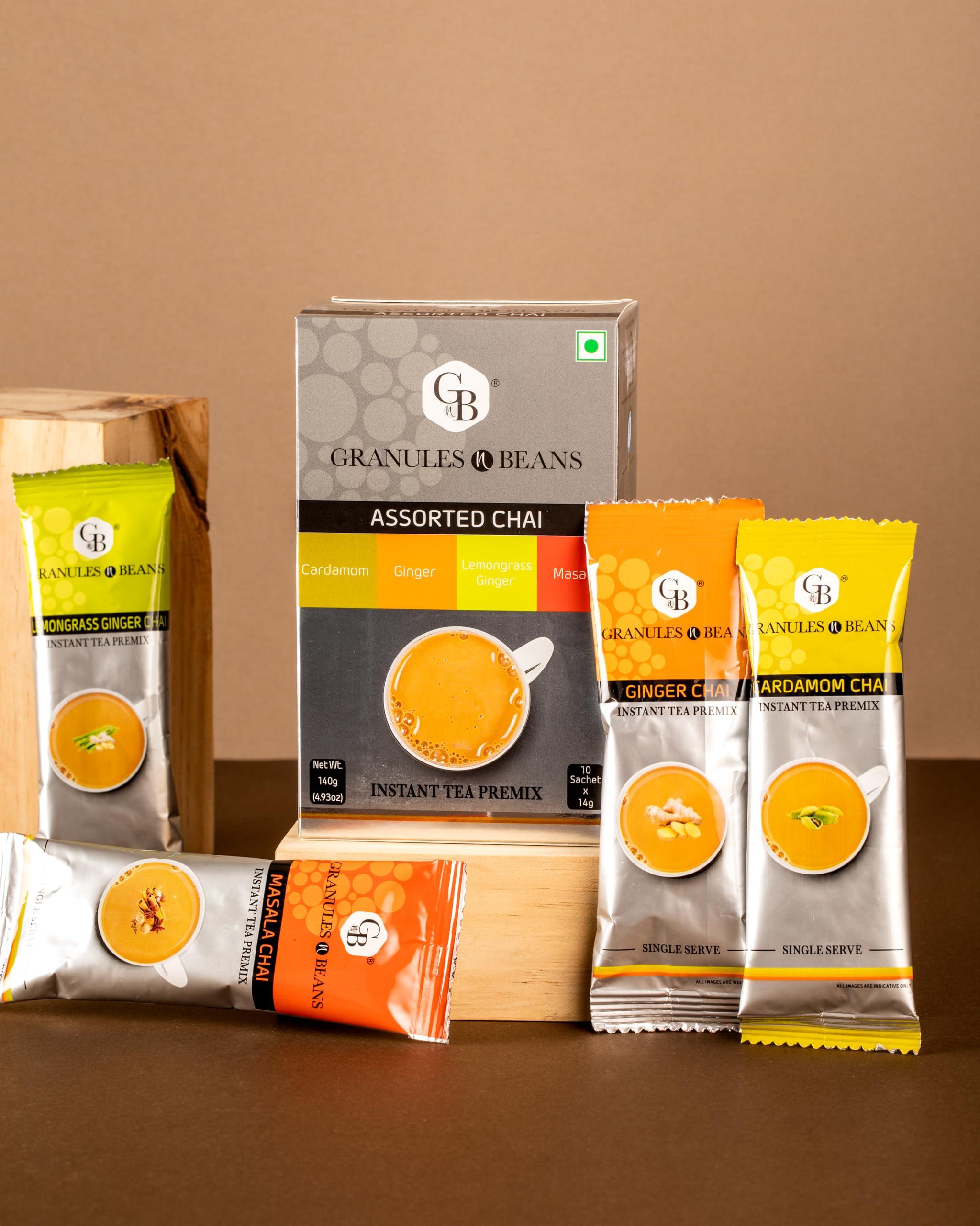 GnB GRANULES n BEANS GnB GRANULES n BEANS Assorted Chai Instant Tea Premix - (10 Sachet X 14 Gram = 140 Gram) (Pack Of 2) (Cardamom, Ginger, Lemongrass Ginger, Masala)