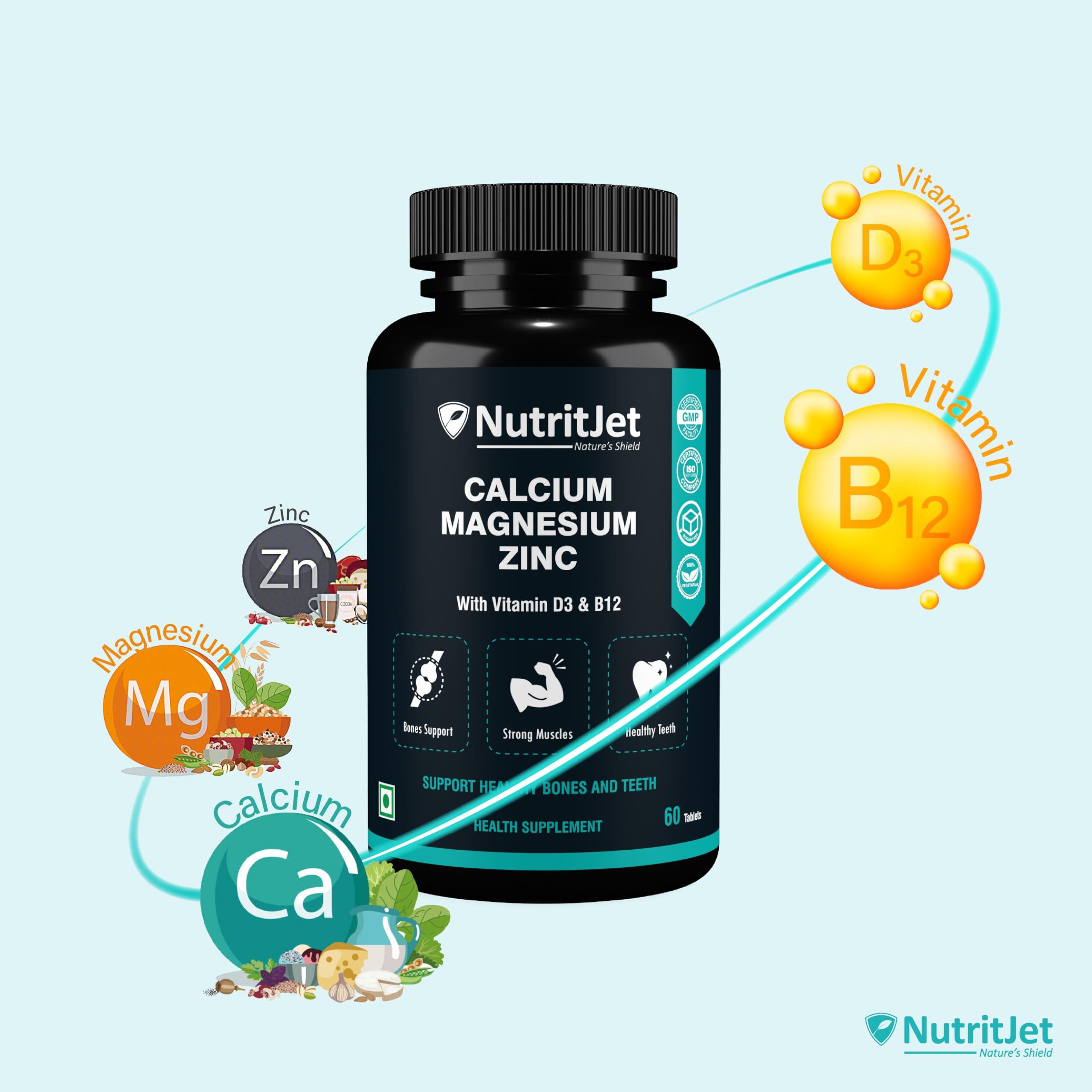 NutritJet NutritJet Calcium Magnesium Zinc Vitamin D3 Vitamin B12 & Vitamin K2 60 Vegetarian Tablets for Bone Health, Joint Support, and Immunity Support for Women & Men