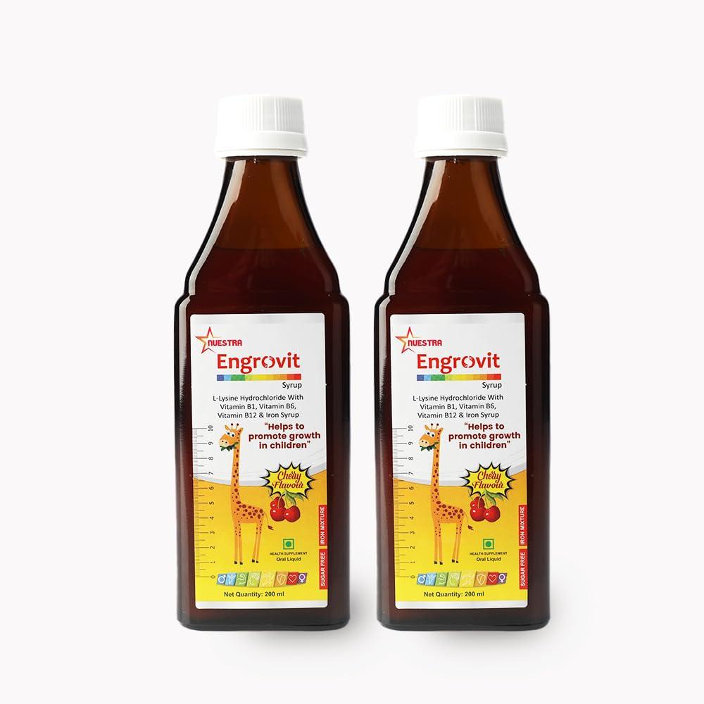 ENGROVIT Engrovit 200 ml Height Increase Syrup for kids | Cherry Flavour for Growing Children - Promotes Height Growth | Height Supplement (Pack of 2)