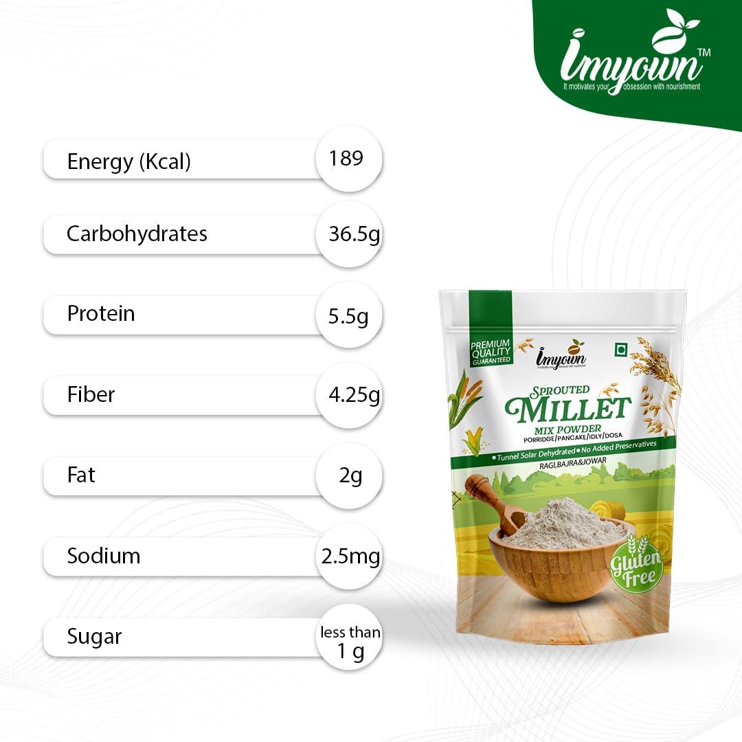 IMYOWN IMYOWN MULTI MILLET SPROUTED POWDER|SPROUTED MILET FLOUR|FINGER MILLET|PEARL MILLET|SORGHUM MILLET|SOAKED SPROUTED AND DEHYDRTED IN TUNNEL SOLAR DRYER |RICH IN FIBRE LOW IN FAT|I PACK 900 GM