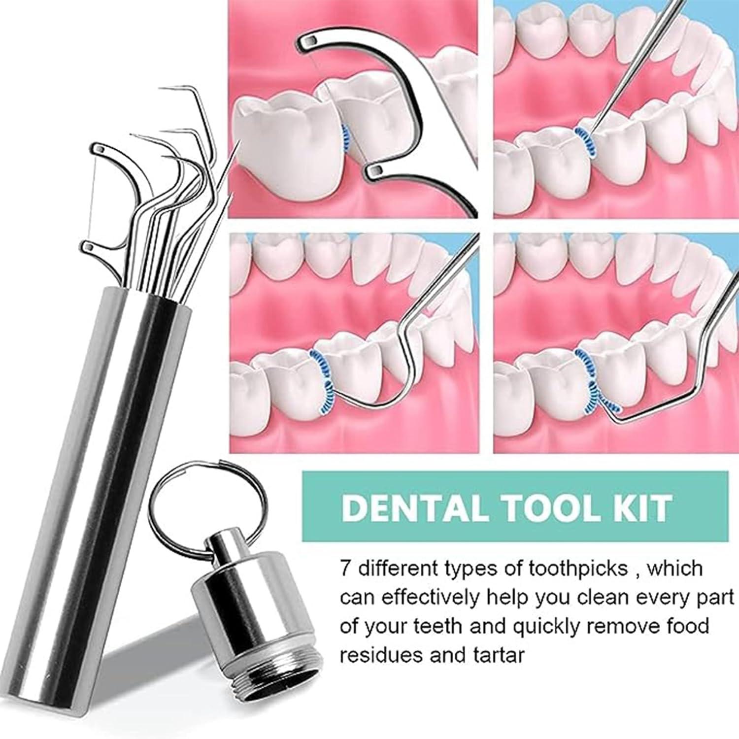 VIVUE VIVUE Dental Teeth Tools Kit | 7 in 1 Stainless Steel Teeth Cleaning Tool Kit | Portable Toothpicks Pocket Set | Dental Hygiene Kit Toothpicks Flosser for Outdoor Picnic Camping Traveling