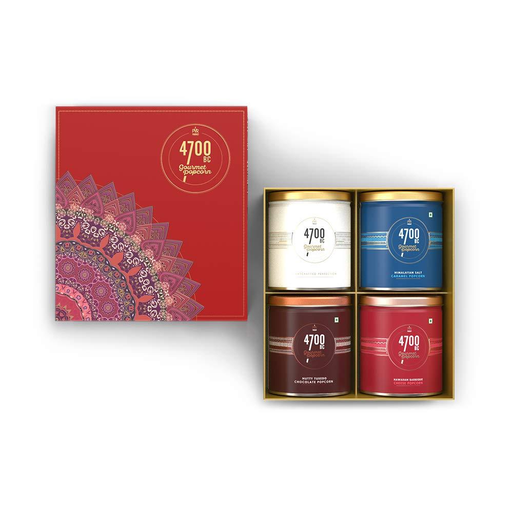 4700BC 4700BC Gourmet Popcorn, Premium Gift Set, 460g, (4 Tins: 1 Hawaiian Barbeque Cheese, 1 Himalayan Salt Caramel, 1 Nutty Tuxedo Chocolate and 1 Mocha Walnut Chocolate)