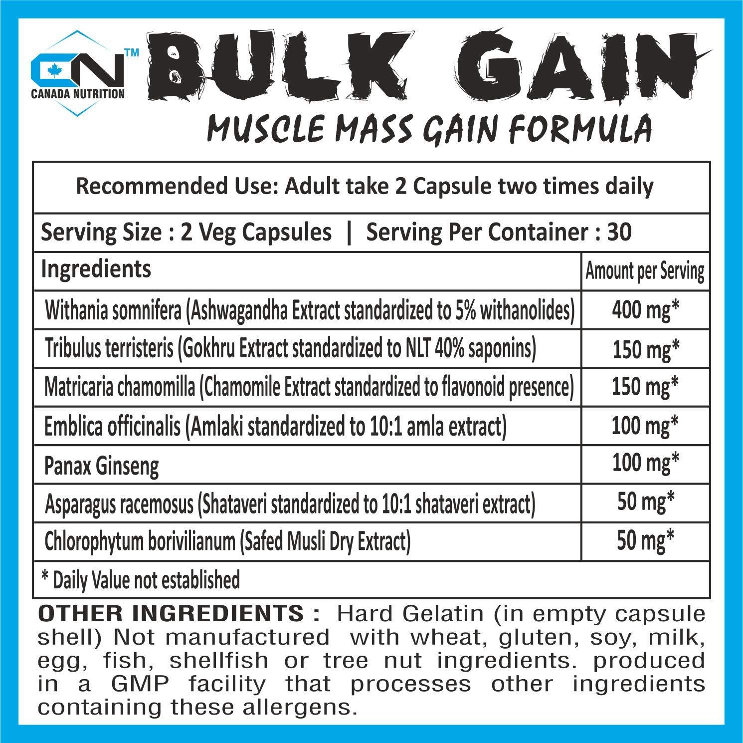 Canada Nutrition Canada Nutrition Men's and Women's Bulk Gain Mass and Weight Gainer Capsule for Fast Weight & Muscle Gain with Free Shaker- 60 Cap