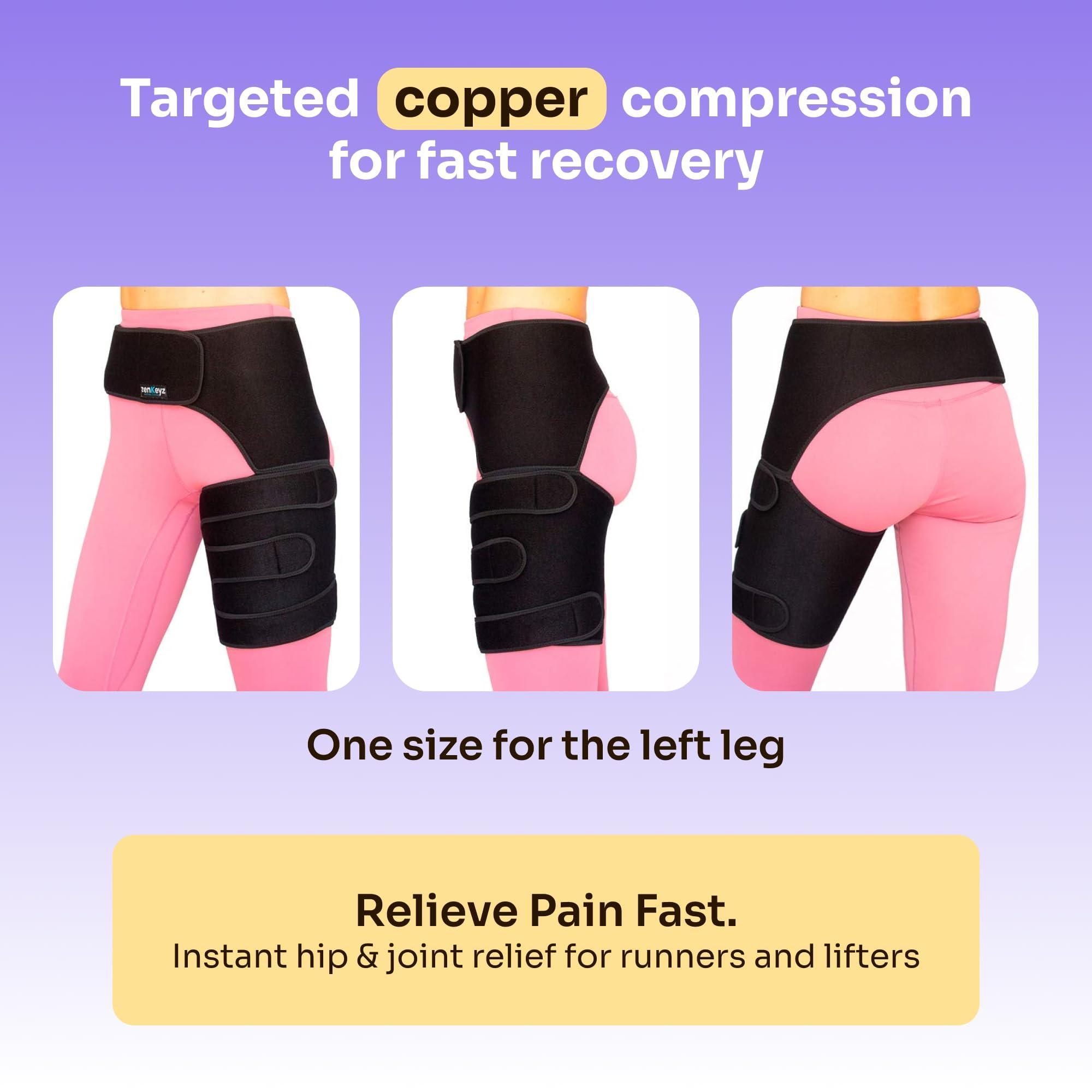 ZENKEYZ Copper Compression Hip Brace Sciatica - Groin Wrap for Pain Relief Thigh Compression Sleeve - Support for Hip Flexor Arthritis for Pulled Muscles-Sciatica Nerve Brace Injury for Men and Women (Left