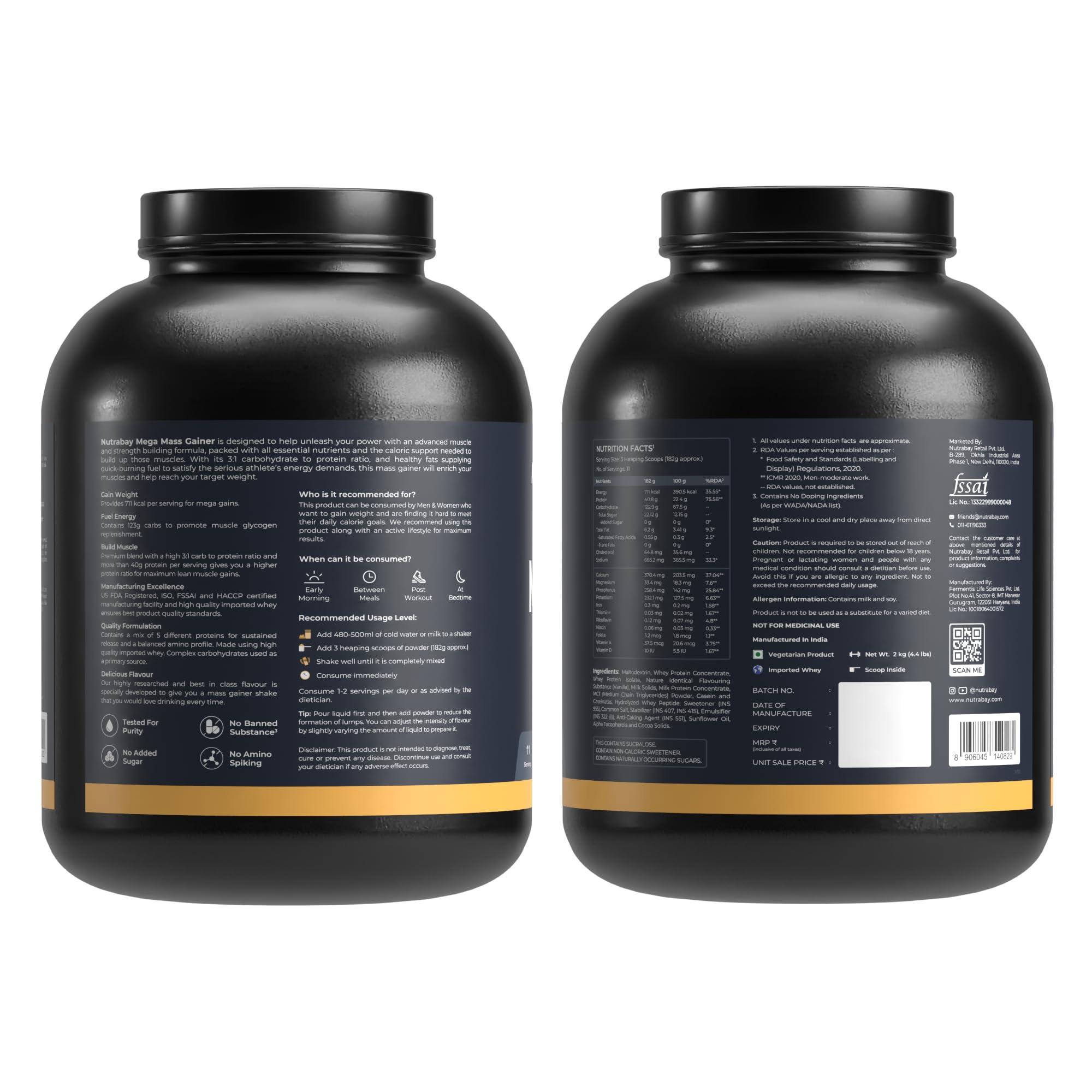 Nutrabay Nutrabay Gold Mega Mass Gainer Powder - 2kg, Vanilla Ice Cream | 100% Veg | 40.8g Protein, 123g Carbs, 711 Calories | Muscle Building & Weight Gainer Supplement for Men & Women