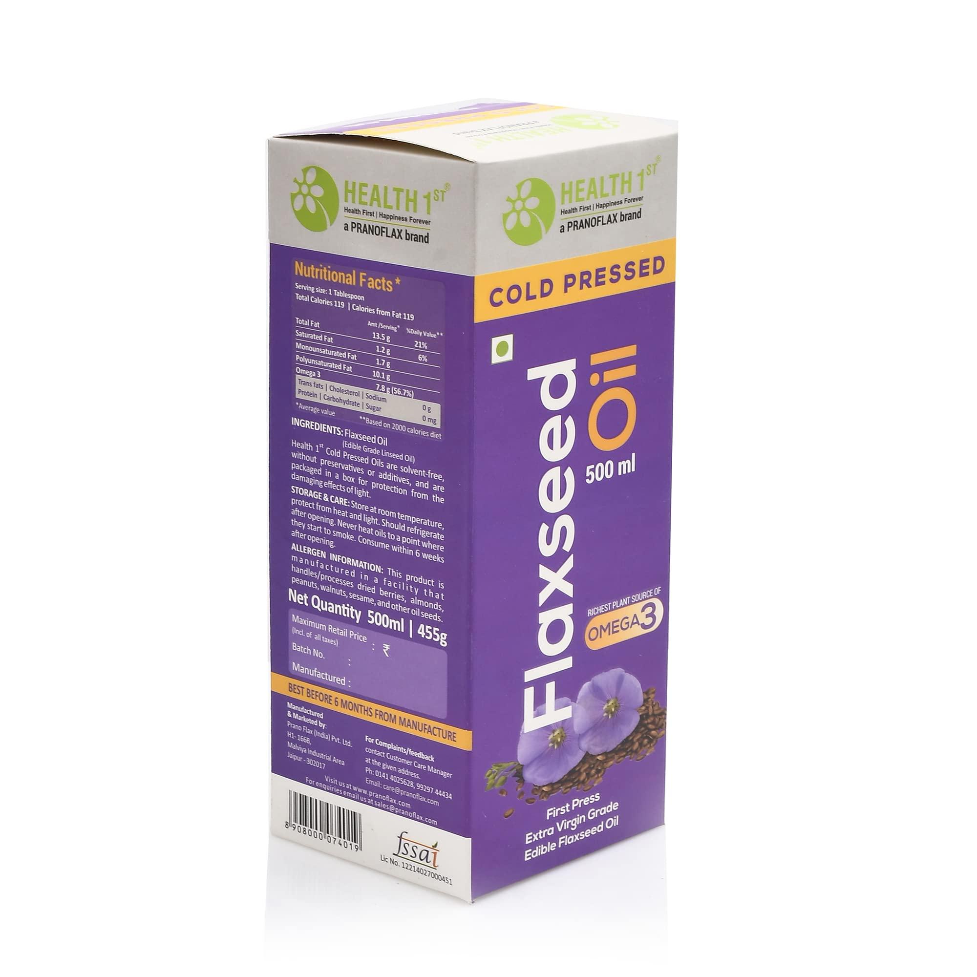 HEALTH 1st HEALTH 1st Cold Pressed Extra Virgin Flaxseed Oil (Alsi Oil), 500 ml, Good Source of Edible Omega 3,6,9