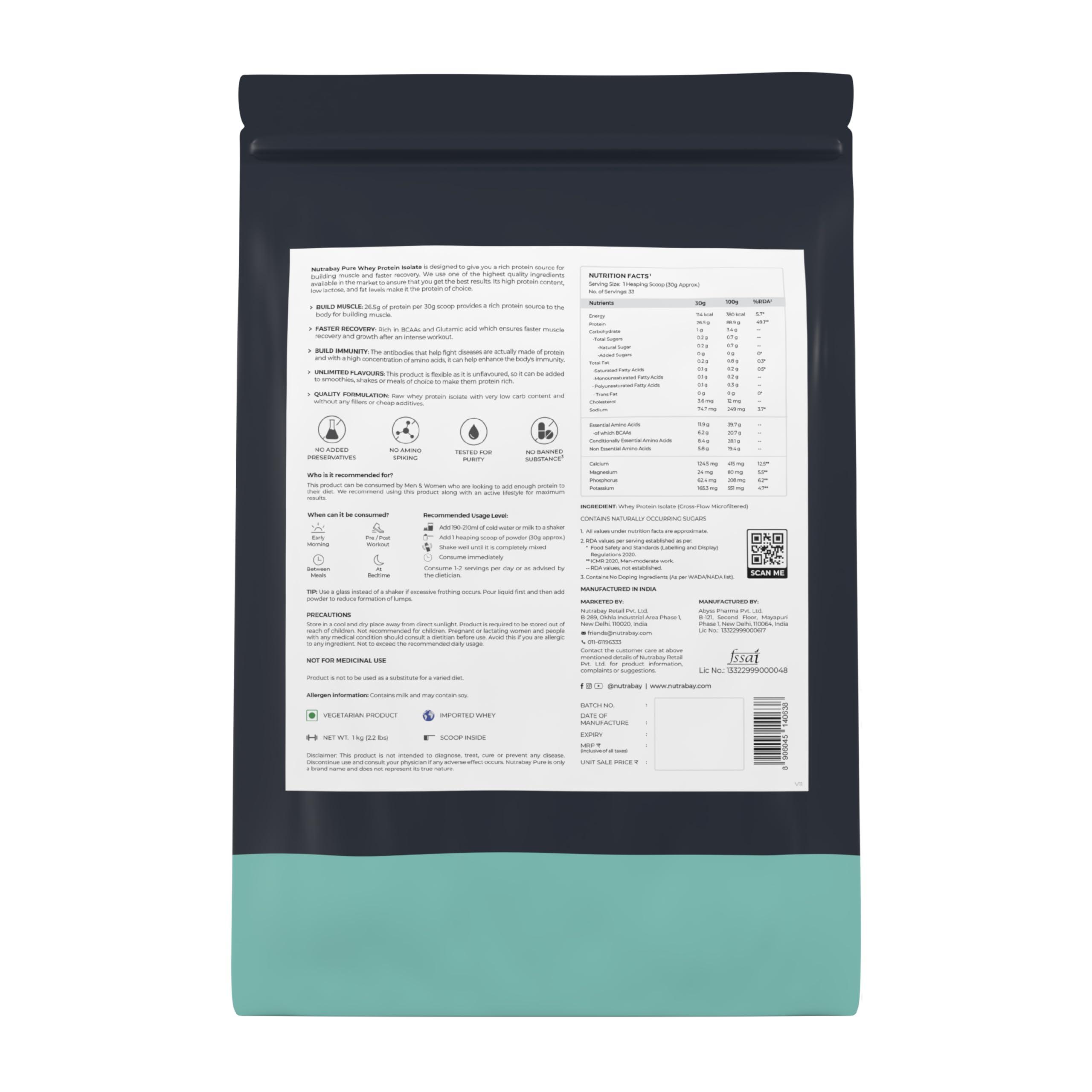 Nutrabay Nutrabay Pure Whey Protein Isolate Powder - 1kg, Unflavored | 26.5g Protein, 6.2g BCAA | NABL Lab Tested | Muscle Growth & Recovery | 100% Raw Whey Isolate | For Men & Women