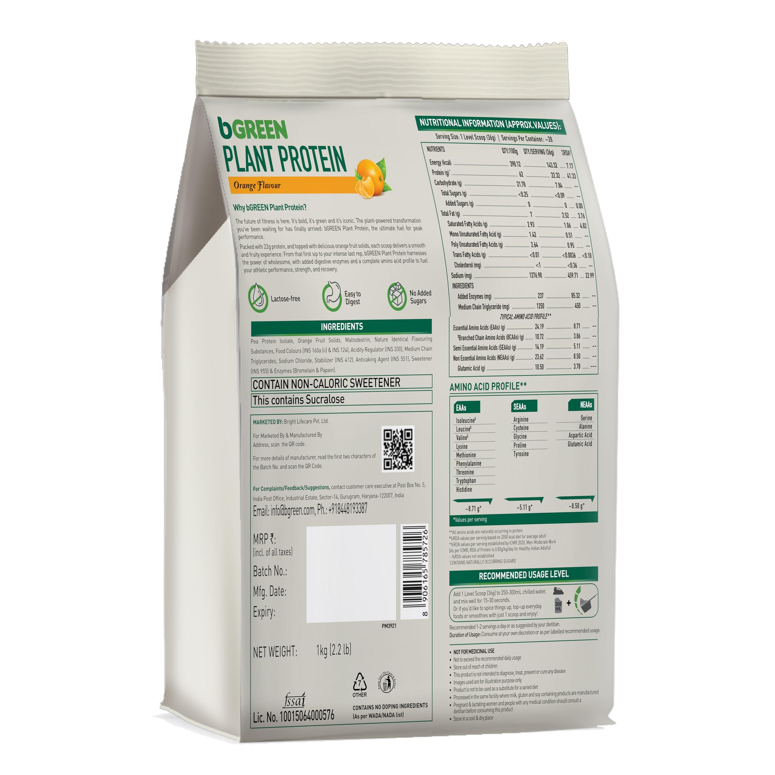 bGREEN bGREEN Plant Protein Powder (Orange, 1kg) | Pea Protein Isolate, 22g Protein, No Added Sugars