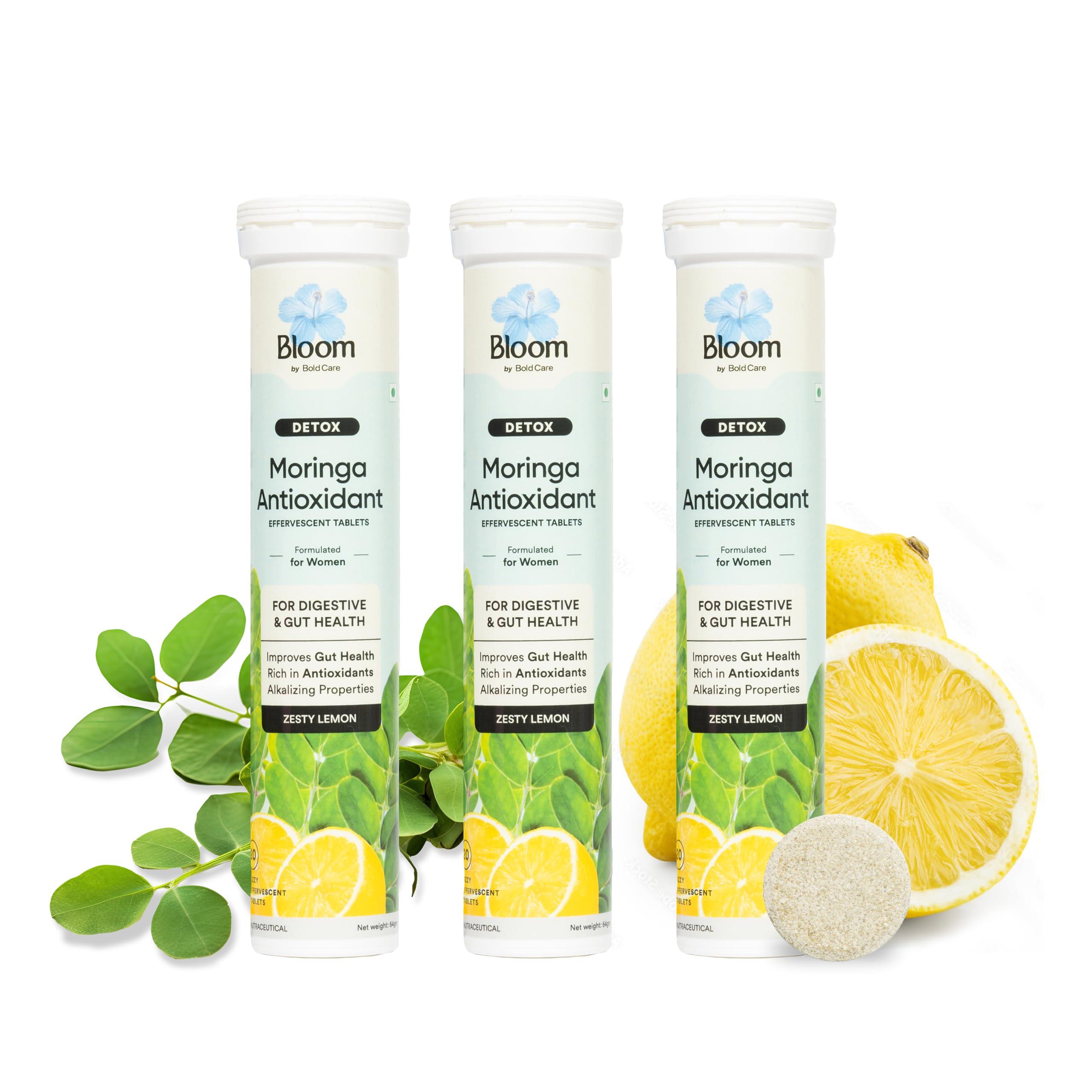 Bloom by Boldcare Bloom Moringa Antioxidant Effervescent Tablets | 20 Effervescent Tablets (Pack of 3) | Natural Liver Detox and Gut Health | Infused with Organic Moringa Leaf Powder | Lemon Flavour