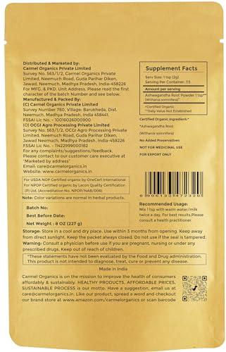 CARMEL ORGANICS CARMEL ORGANICS Ashwagandha Root Powder (227 Grams)|Jaivik Bharat Certified|Pure|Natural|Helps Fight Anxiety & Stress|Ashwagandha Podi/Amukkara Kizhangu/Asvagandha Churna