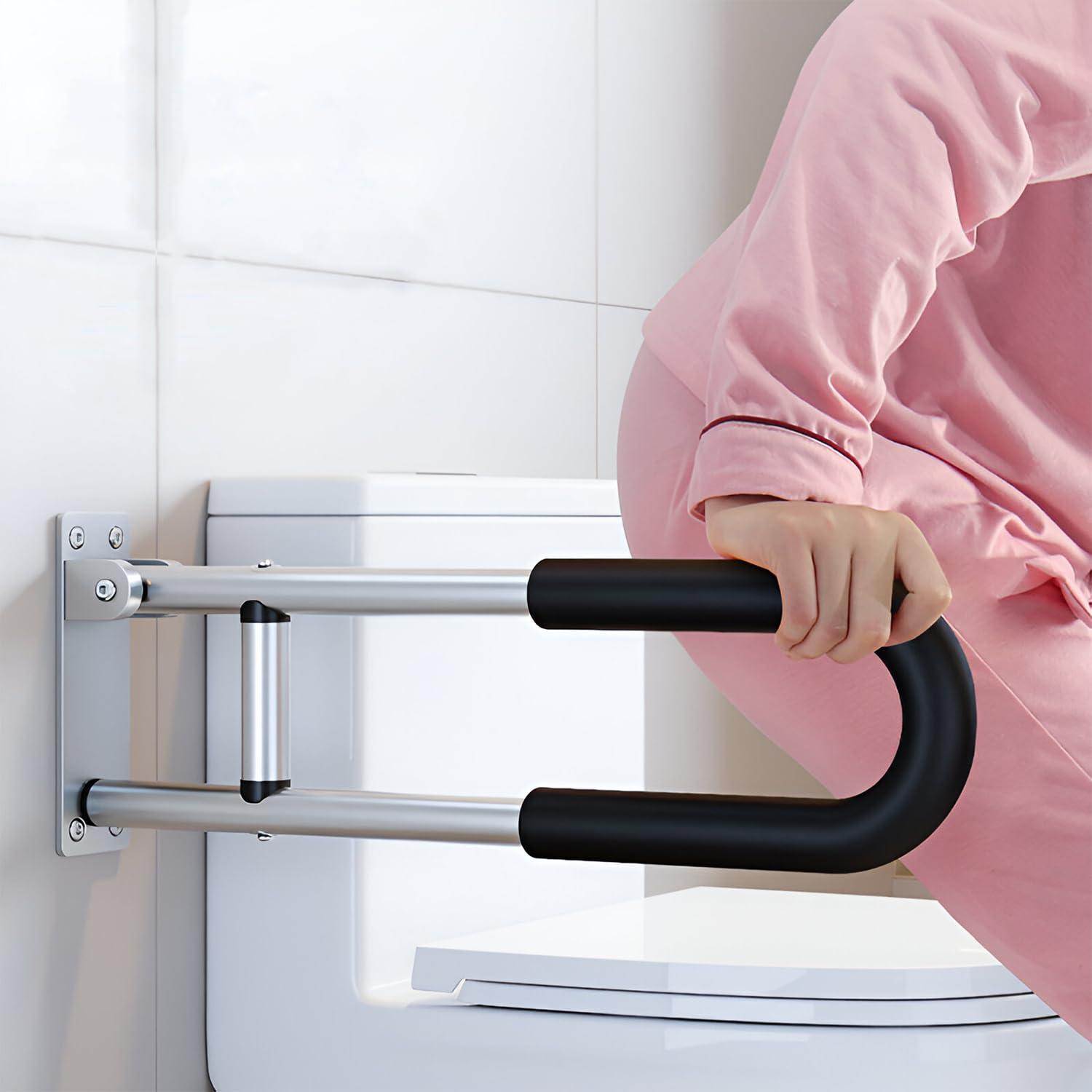 MOMISY MOMISY Wall Mounted Flip up/Folding Aluminum Grab Bar Rails 23.6 Inch Toilet Handrails Bathroom Safety Bar Hand Support for Senior Citizen Injured and Handicapped (1)