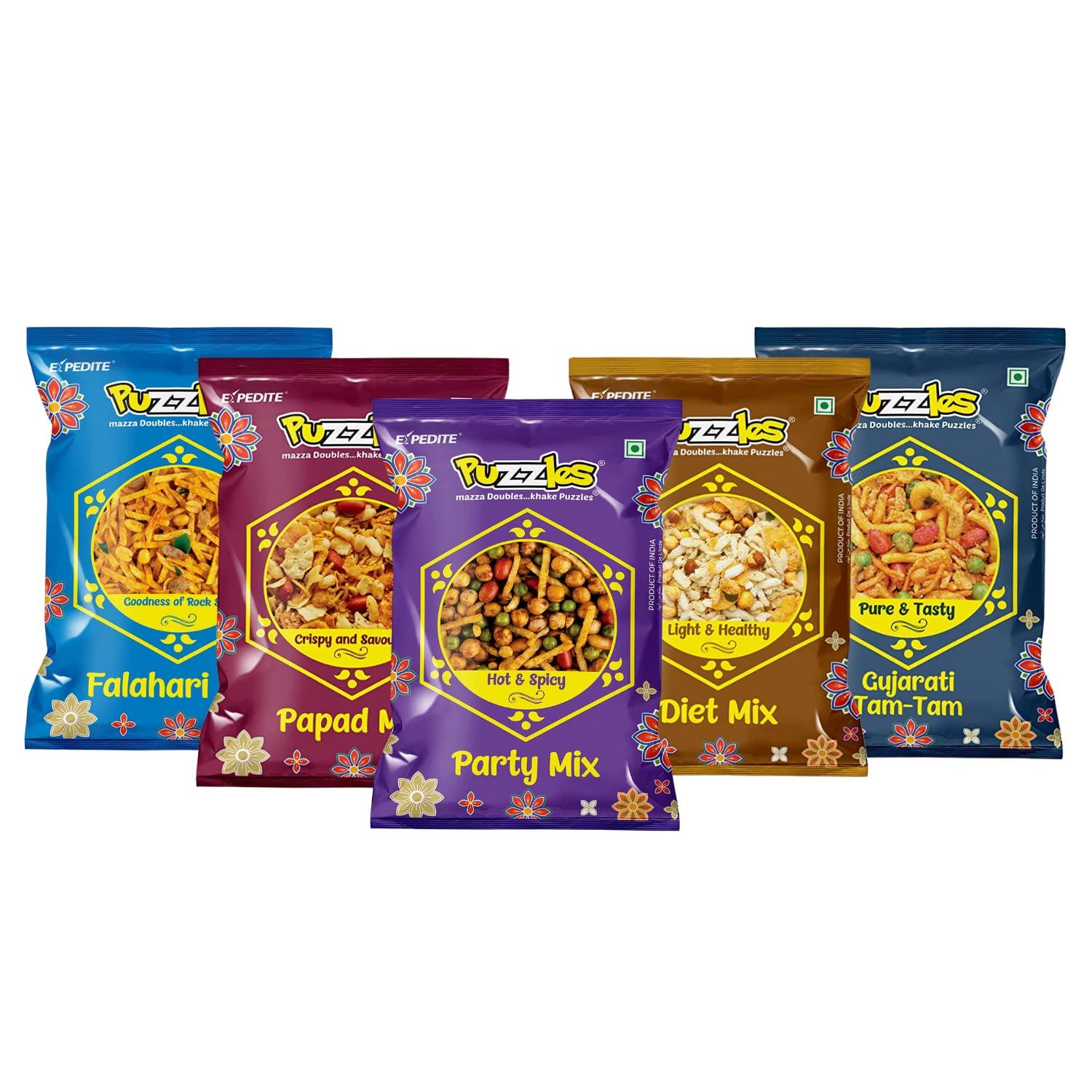 Puzzles Puzzles Jumbo Family Namkeen Combo, Healthy Snacks, Diet Mix, Papad Mix, Falahari Mix, Party Mix, Gujarati Tam Tam, Assorted Snack Mix 170gm x Pack of 5
