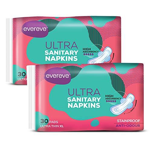 Evereve Evereve Anti Bacterial Panty Liners for Women For Protection Against Leakage, Discharge and Rashes with 8 hours Protection & Ultra Sanitary Napkin/Pad, XL 284mm, Pack of 60 Napkins (2 x 30)