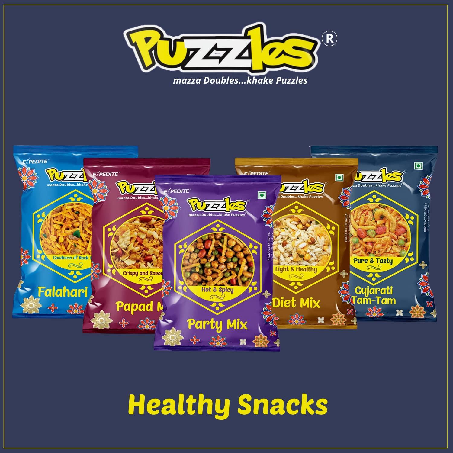 Puzzles Puzzles Jumbo Family Namkeen Combo, Healthy Snacks, Diet Mix, Papad Mix, Falahari Mix, Party Mix, Gujarati Tam Tam, Assorted Snack Mix 170gm x Pack of 5