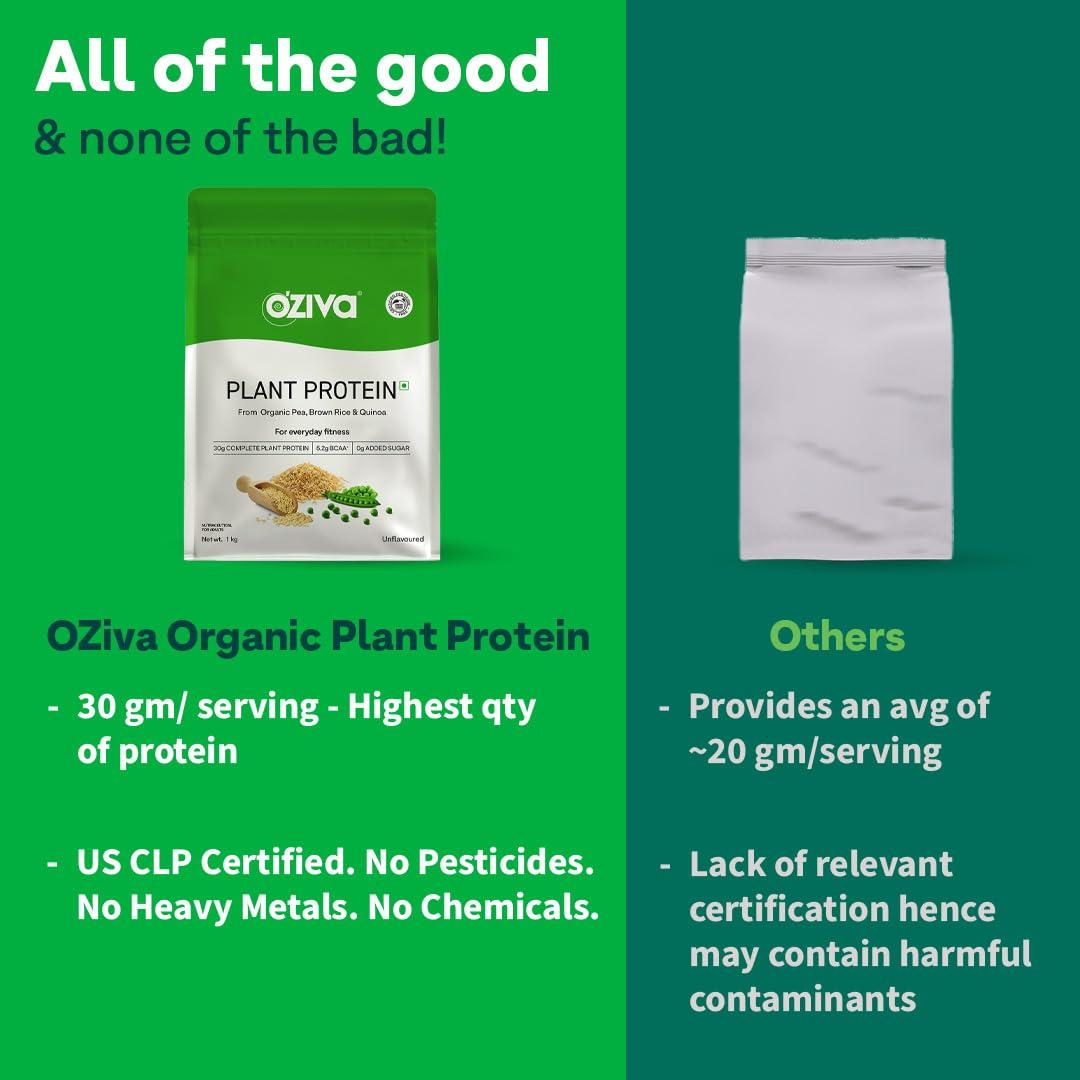 OZiva OZiva Organic Plant Protein for Everyday Fitness | 30g Protein - Pea Isolate | Complete Plant Protein Powder for Men & Women | No Added Sugar, Certified Clean & Vegan (Unflavoured, 1kg)