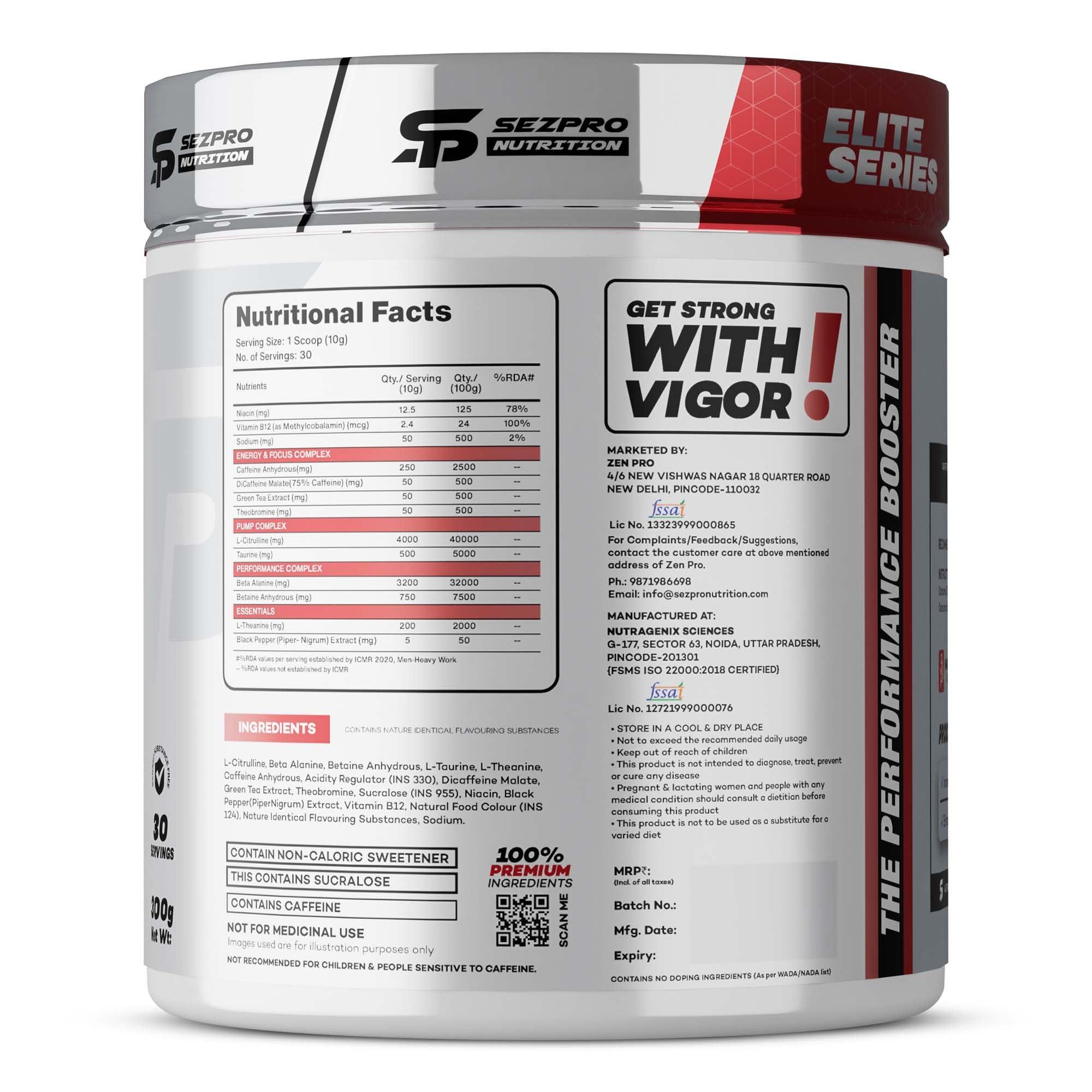 Sezpro Nutrition Sezpro Nutrition Vigor Pre Workout | 300gm | 30 Servings | 300mg Caffeine | 200mg Theanine | 3200mg Beta Alanine | 4000mg Citrulline | Powerful Pump & Strength | Explosive Energy & Focus (Watermelon)