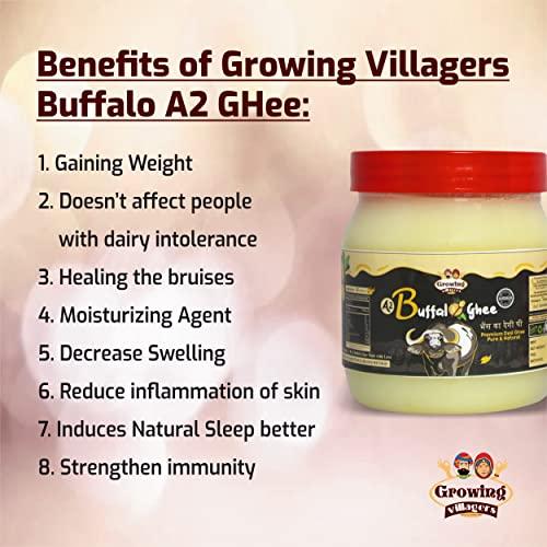 Growing Villagers Growing Villagers A2 Desi Buffalo Ghee 1 Litre | Organic Curd Churned Desi Ghee | Murrah Buffalo Bilona Method Ghee | Homemade Shudh Desi Bhes Ka Ghee - 2 Jars Of 500 ml Each