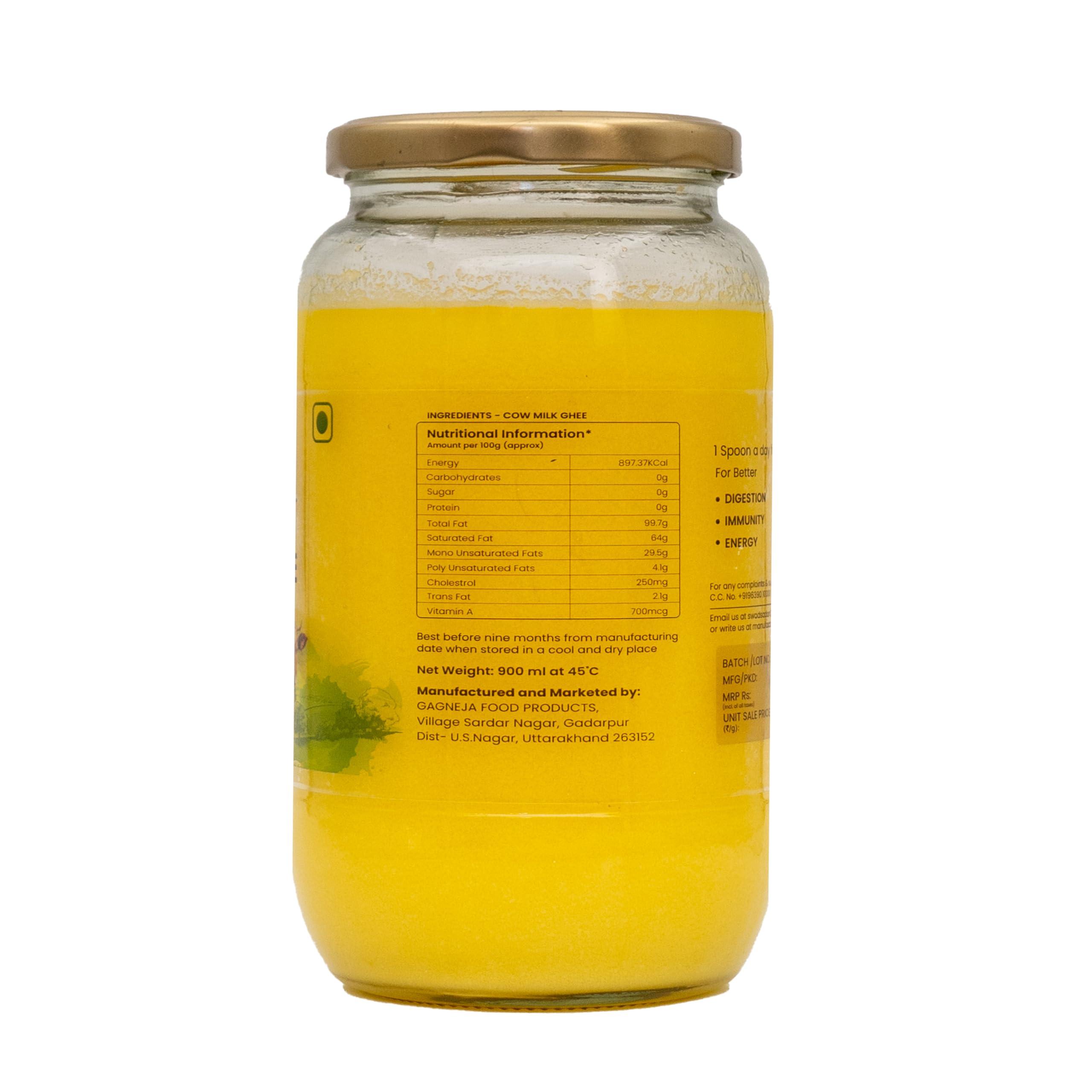 Swad Sadan Swad Sadan Cow Ghee - Glass Jar, Vedic Bilona Method, Preservative-Free, Diet-Friendly (900ml)