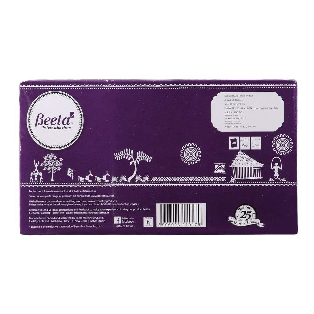 Beeta Beeta Tissue Box Facial Tissue for Home and Business Exq. Face Tissue Indian (Pack of 4)-Prime Soft and Highly Absorbent 100% Natural Cellulose Fiber