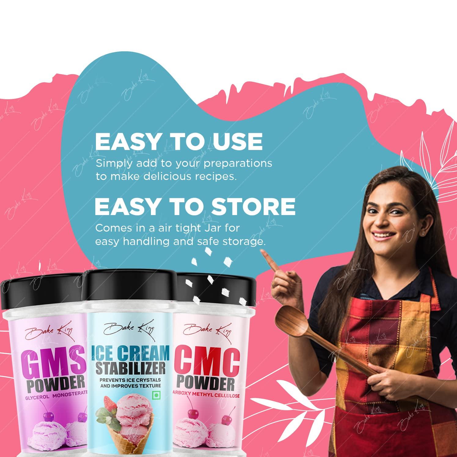 BAKE KING BAKE KING Pack Of 3 Ice Cream Stabilizer 50Gm,Gms Powder (Glycerol Monostearate) 50Gm & Cmc Powder (Carboxymethyl Cellulose) 50Gm|Raising Ingredient Powder|Instant Ice Creams That Improves Texture