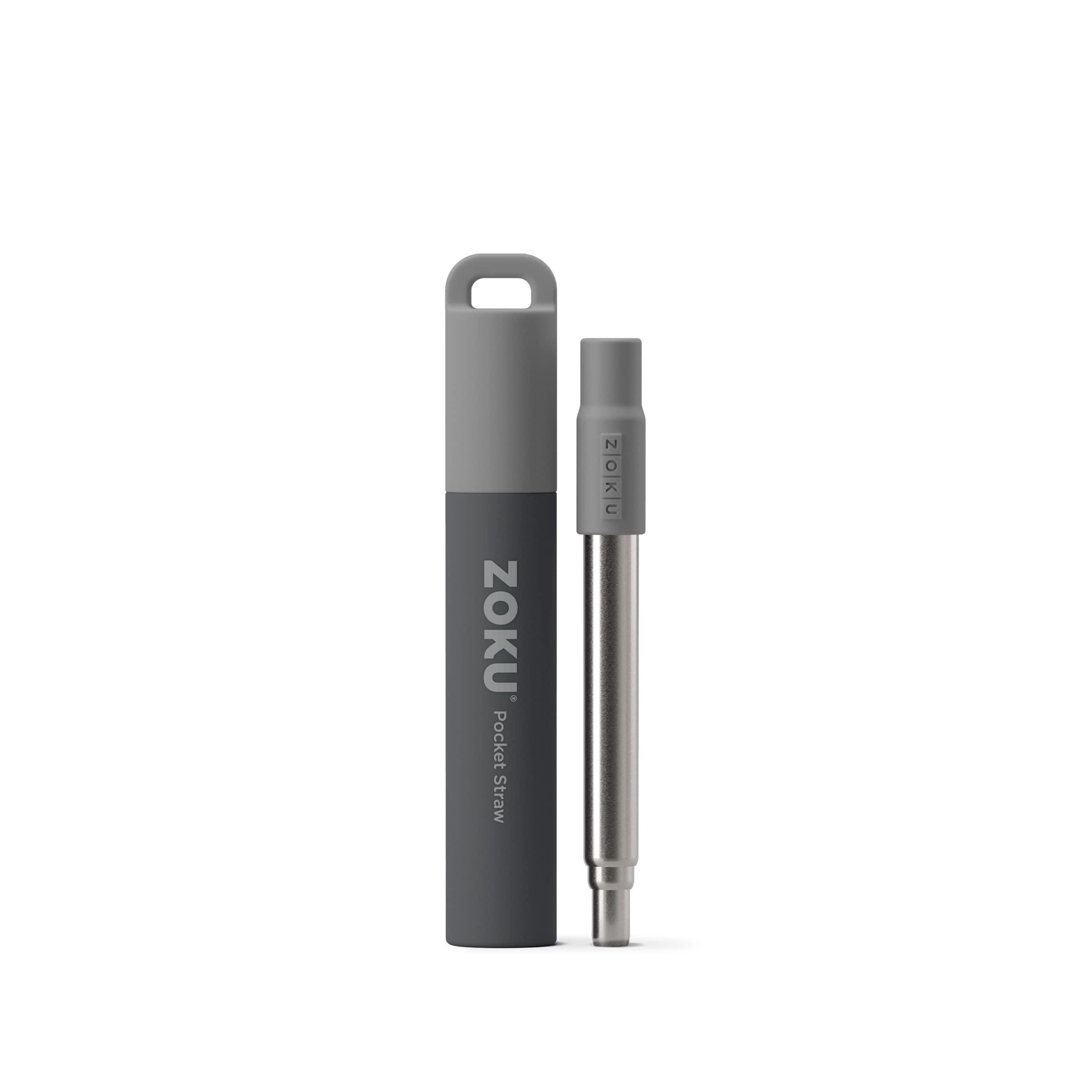 Zoku ZOKU Reusable Metal Straw with Case for Travel, Grey - Collapsible Stainless Steel Drinking Straw with Silicone Tip and Cleaner Brush, Ideal for Key Chains, Pockets, Purses