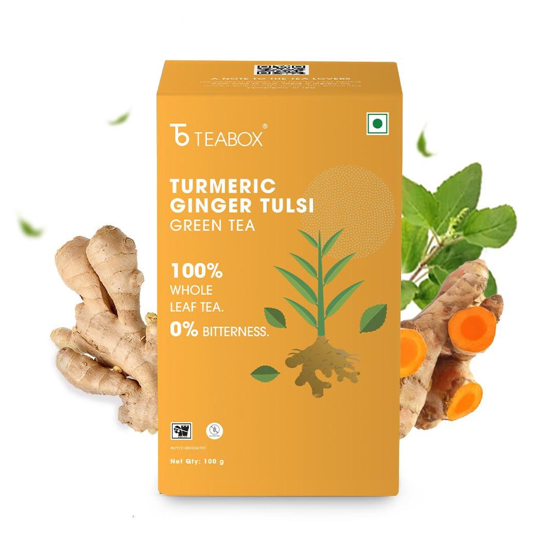 Teabox Teabox Organic Turmeric Ginger Tulsi Green Tea 100 grams | For Immunity Boosting, Digestion and Sore Throat | 100% Whole Leaf Tea, 0% Bitterness