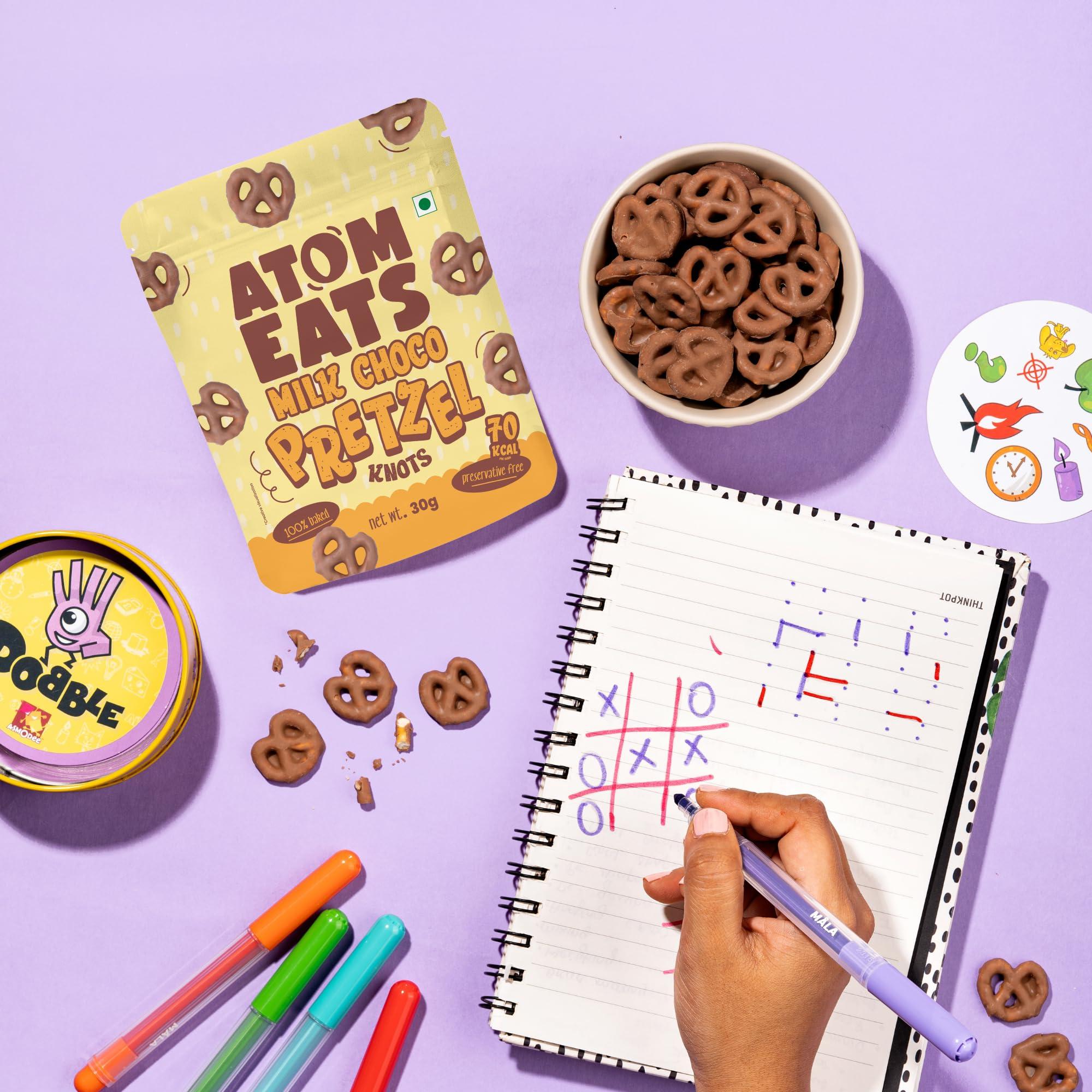 Atom Eats Atom Eats | Milk Choco Dipped Pretzels: Choco Dipped Mini Salted Pretzel Knots 100g - Rich Milk Chocolate - Perfect Snacks for Sharing, Parties - Imported Chocolates, Versatile Delight