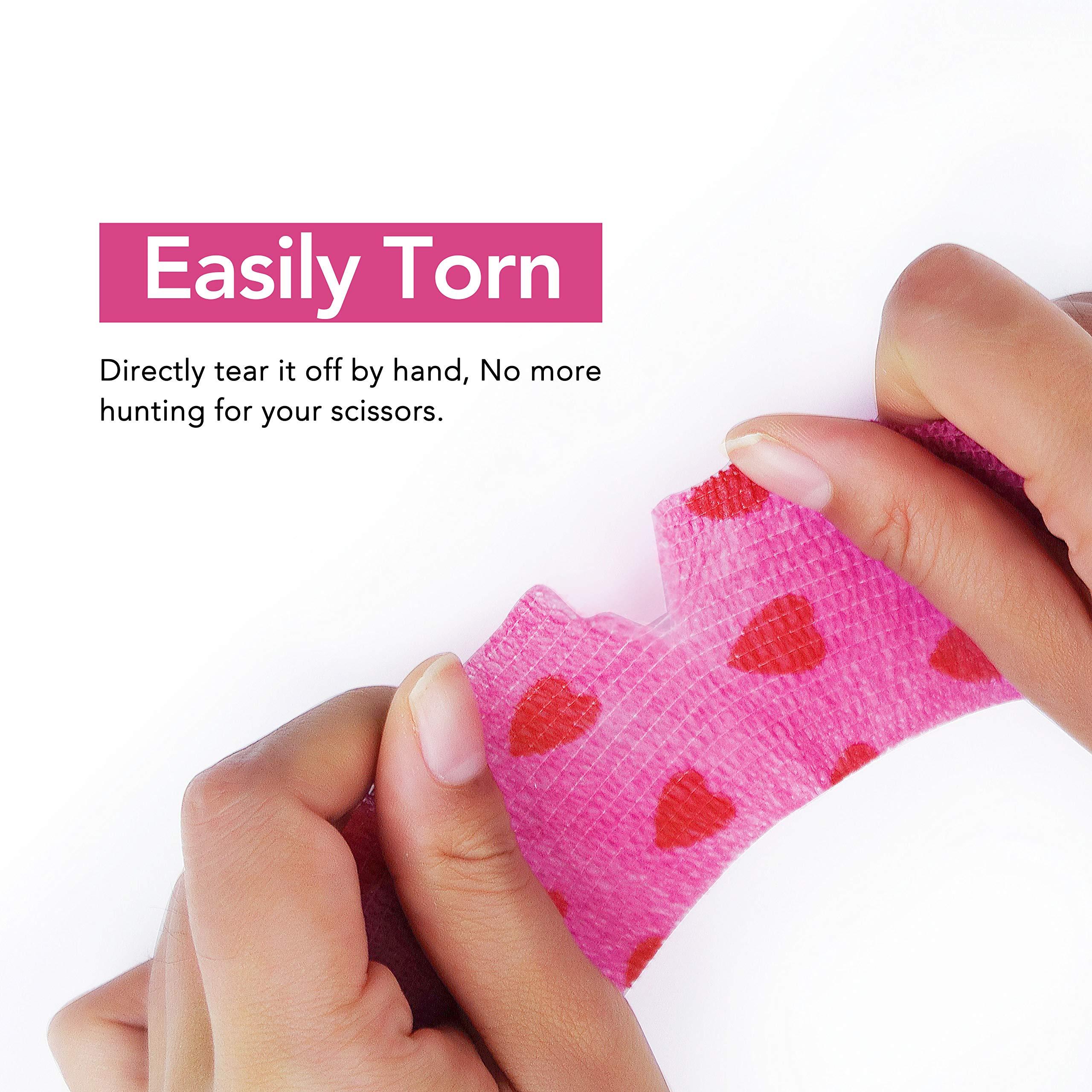 Risen Cohesive Bandage 2 x 5 Yards, 6 Rolls, Self Adherent Wrap Medical Tape, Adhesive Flexible Breathable First Aid Gauze Ideal for Stretch Athletic, Ankle Sprains & Swelling, Sports (Rose Red Heart)