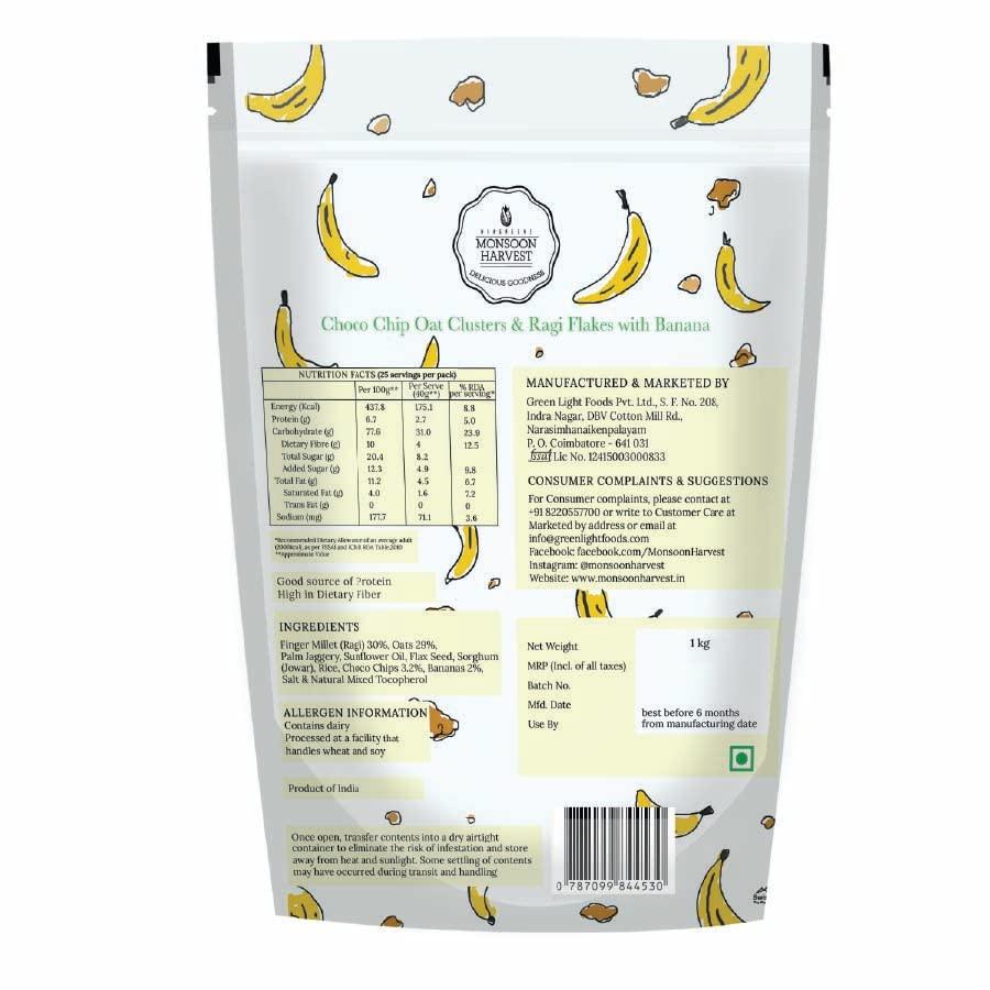 MONSOON HARVEST Wingreens Monsoon Harvest Choco Chip Oats Clusters & Ragi Flakes with Banana, 1 Kg| Oats, Flax Seeds, Granola| Breakfast Cereal