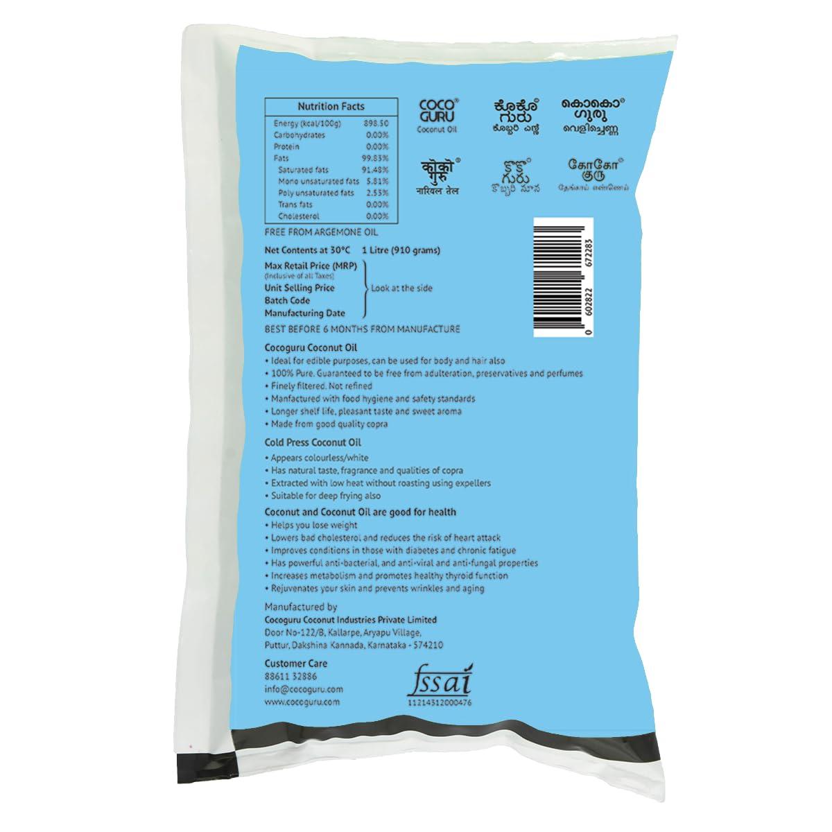 Cocoguru Cocoguru Cold Pressed Coconut Oil - Pouch 1 Litre