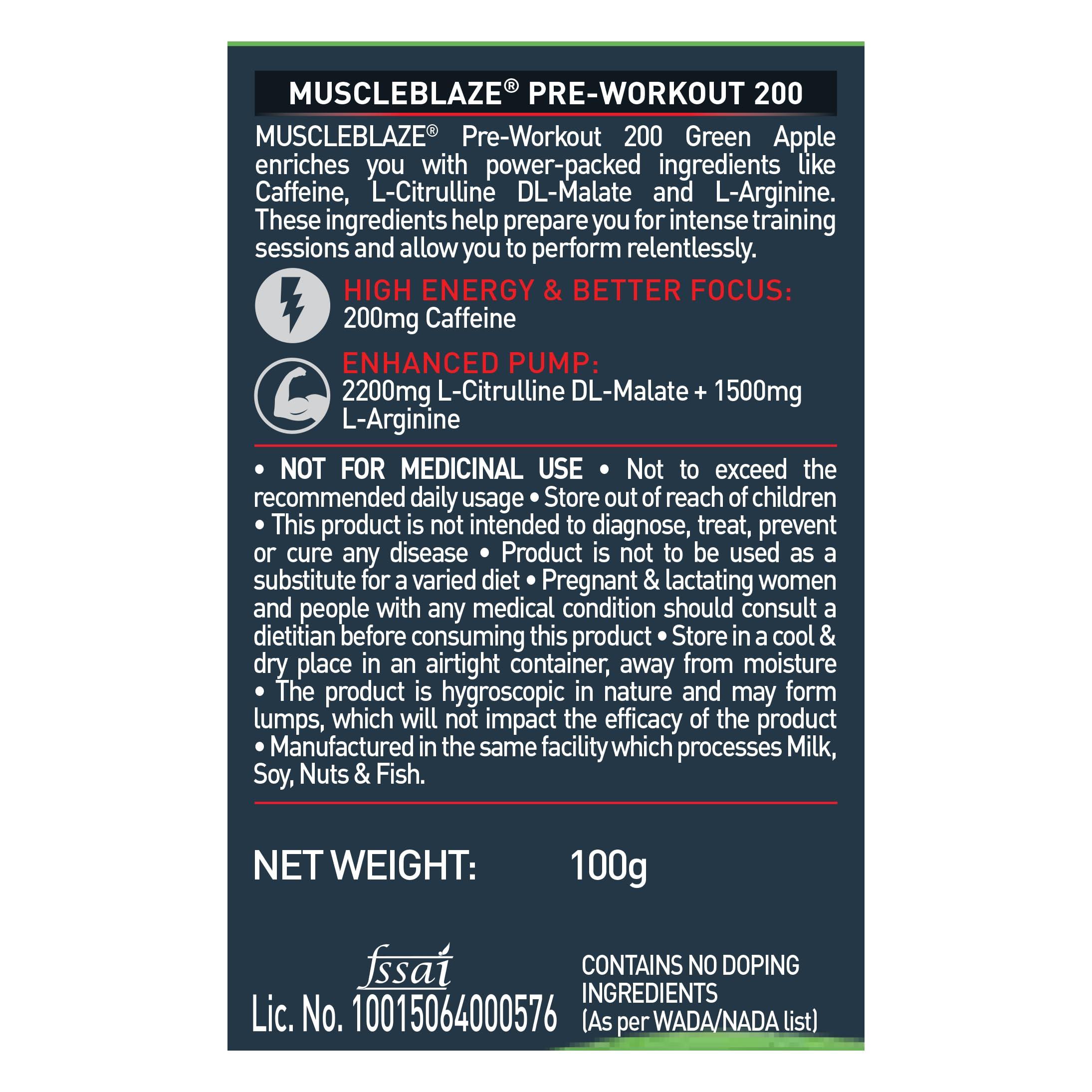 MuscleBlaze MuscleBlaze Pre Workout 200(Green Apple, 20 Servings, 100G)| 200Mg Caffeine, 2200Mg Citrulline Powder