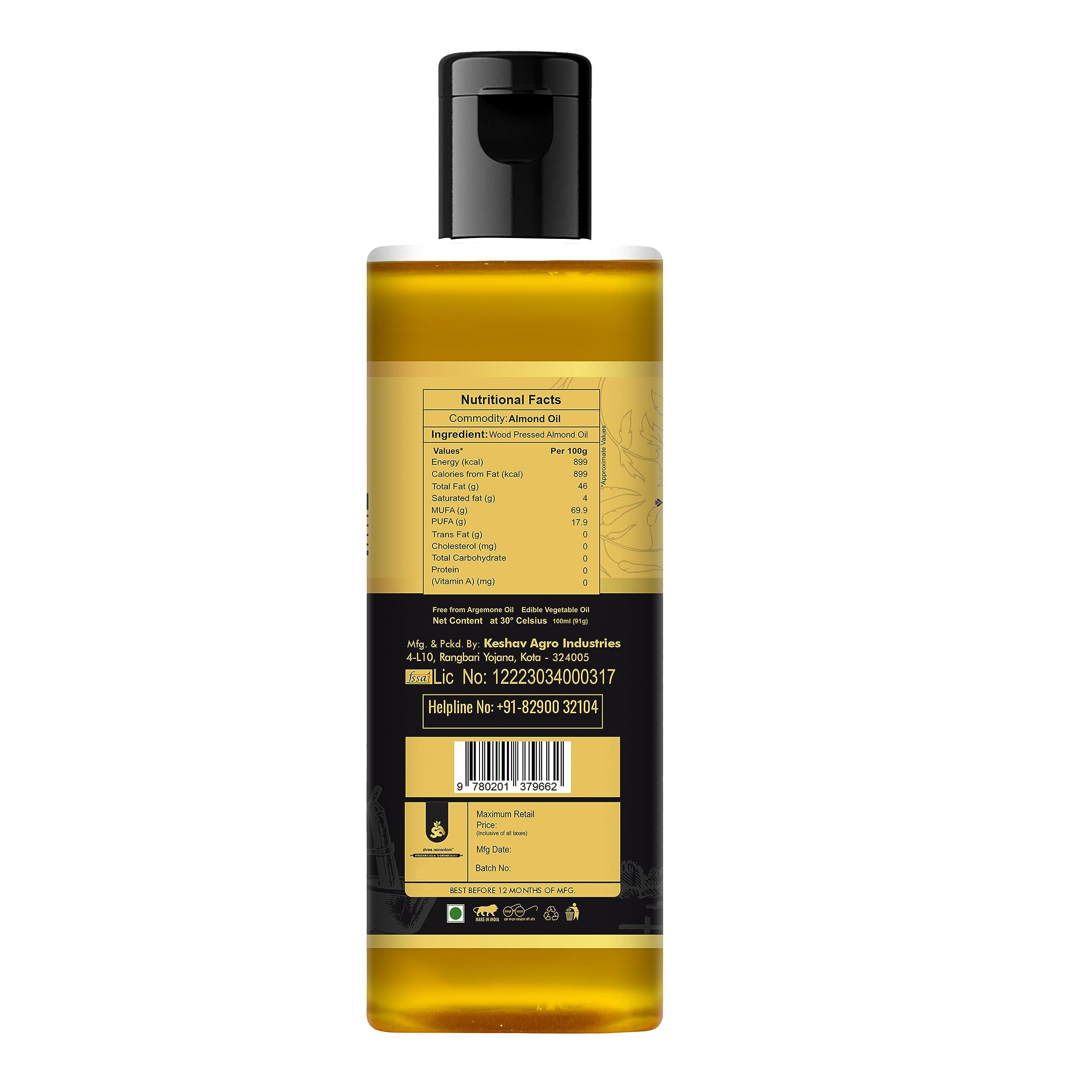 Shree Aanantam Shree Aanantam Cold Pressed Sweet Almond Oil - 100ml x 2 | Badam Tail | Rich in Vitamin E | For Healthy Skin, Hair and Body | Virgin & Cold Pressed - 100ml (Pack of 2)