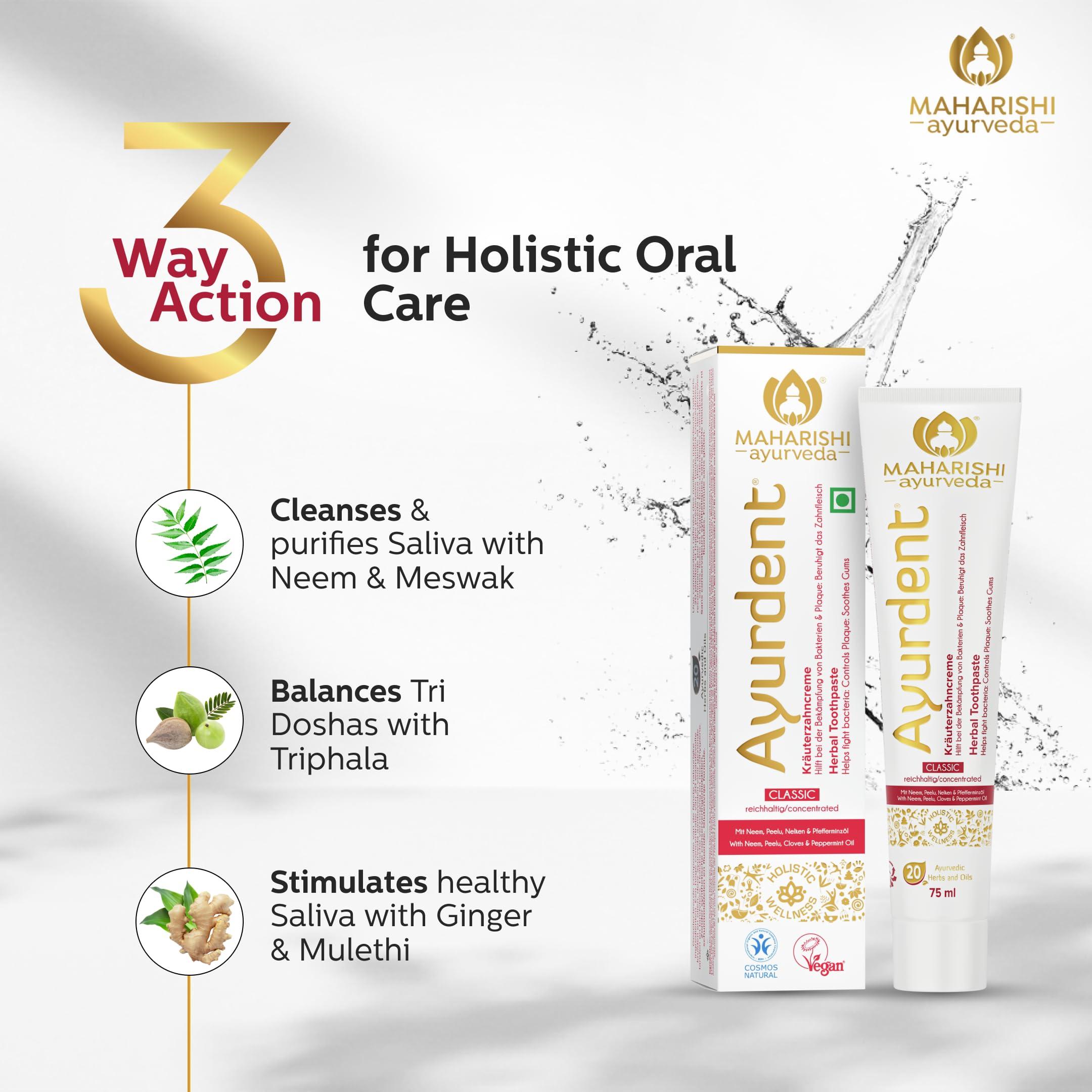 Maharishi Ayurveda Maharishi Ayurveda Ayurdent Classic Toothpaste | Unique Saliva Balancing Formula | For Toothache, Bleeding Gums, Sensitivity, Cavities, Plaque & Bad breath | Non Foaming, SLS & Fluoride Free Pack of 4