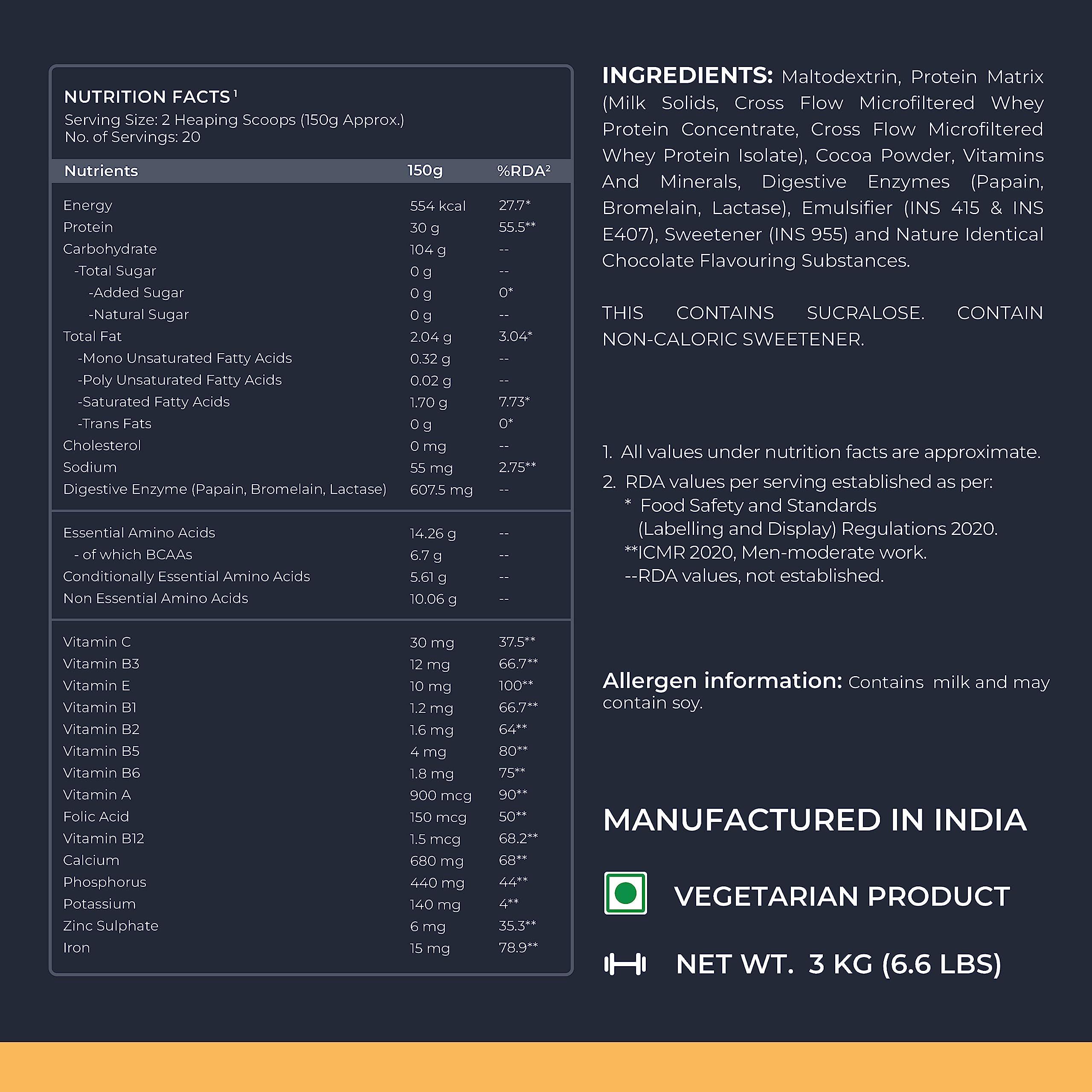 Nutrabay Nutrabay Gold Bulk Up Mass Gainer Powder - 3kg, Chocolate | 30g Protein, 104g Carbs, 554 Calories | Easy to Digest | 100% Veg Muscle Building & Weight Gainer Supplement for Men & Women